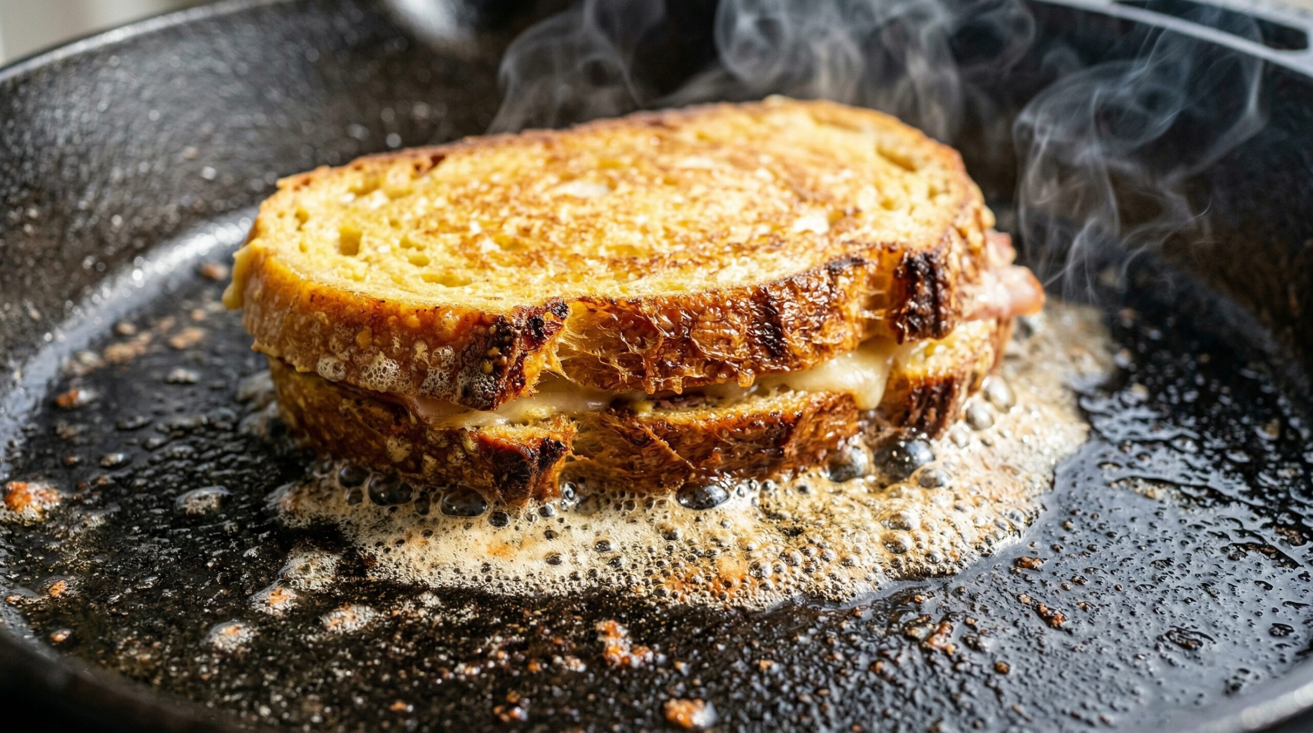 Macro detail of a thick, egg-soaked sandwich actively frying in bubbling, melted butter inside a heavy cast-iron skillet with a deep golden-brown crust forming