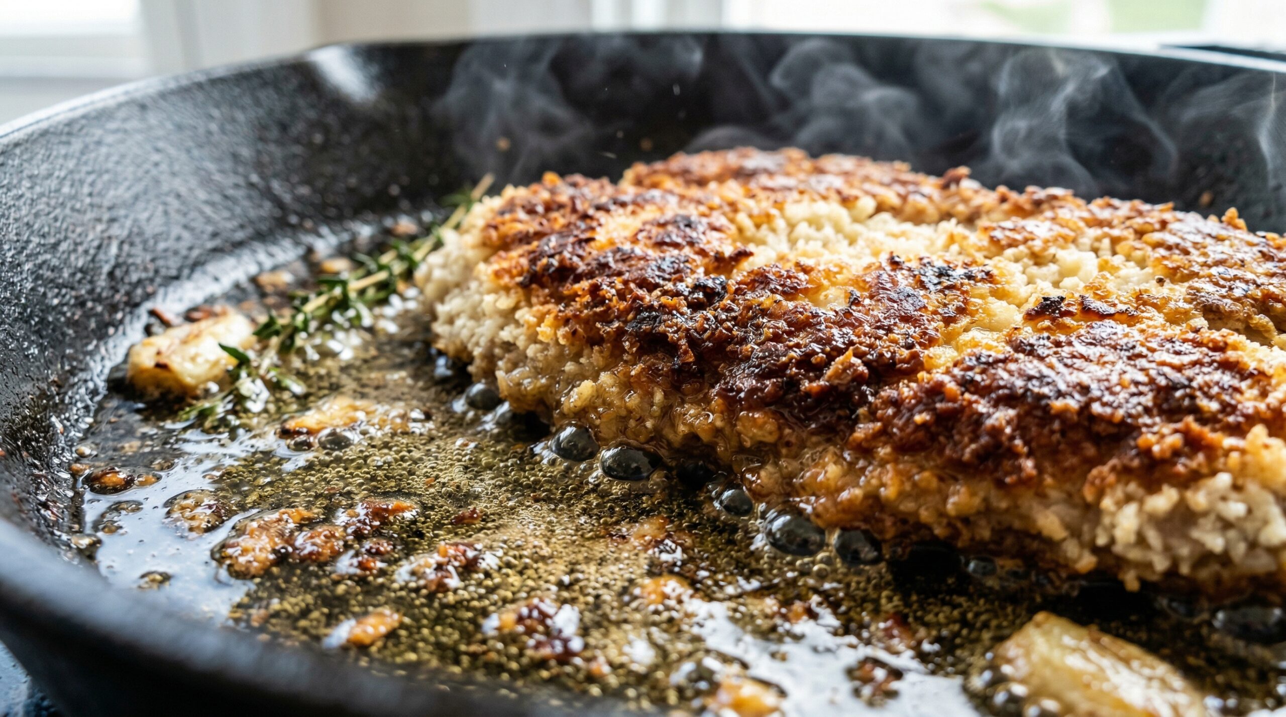 Macro detail of a massive Panko-breaded pork cutlet actively pan-frying in a bubbling pool of hot olive oil, developing a shattered, golden crust