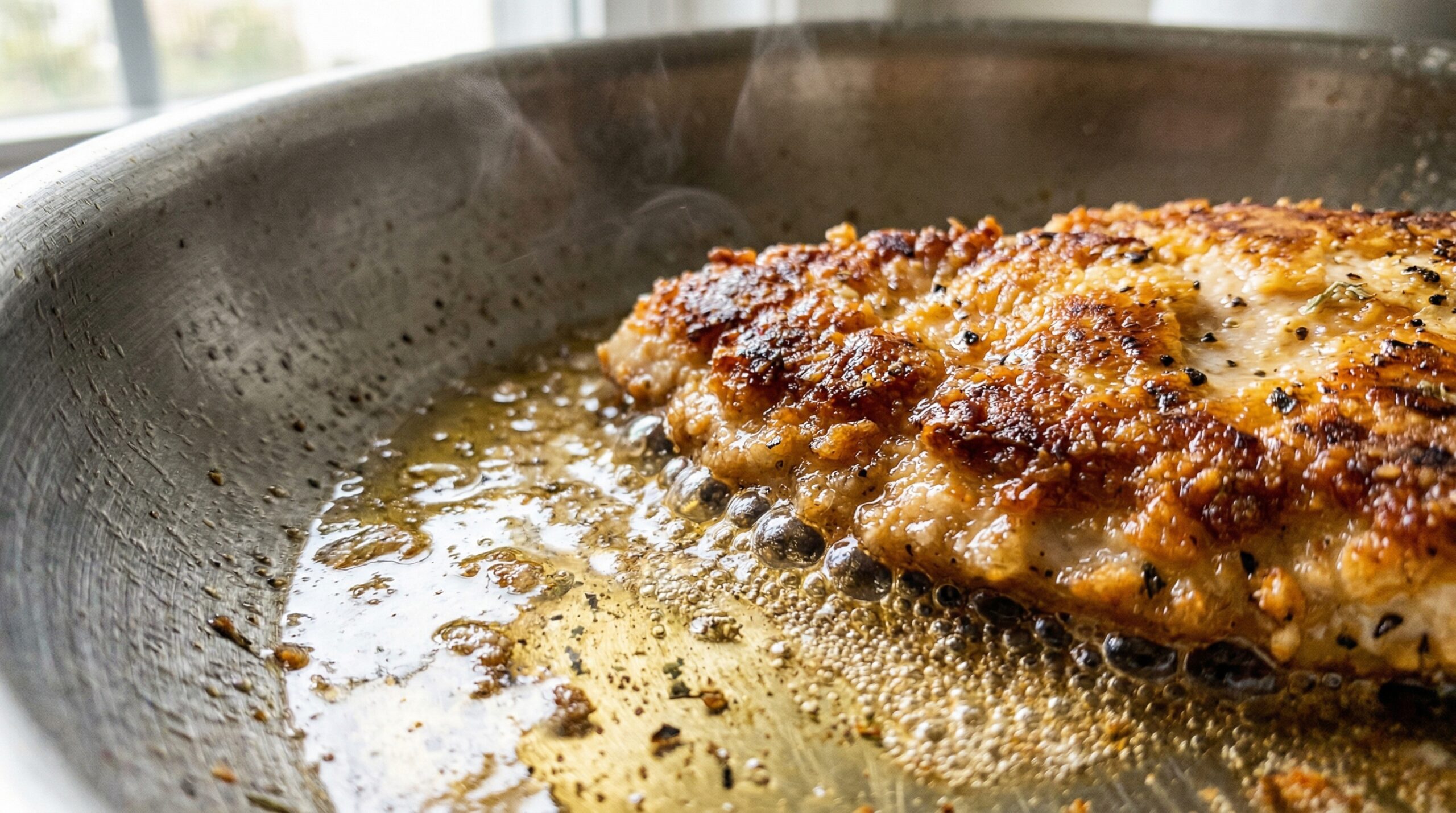 Macro detail of cracker-crusted chicken searing in a stainless steel skillet