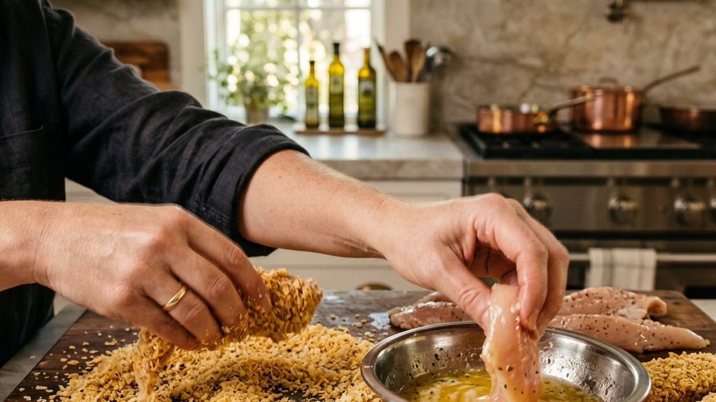 Hands dipping raw chicken strips into melted butter and rolling them in golden panko breadcrumbs
