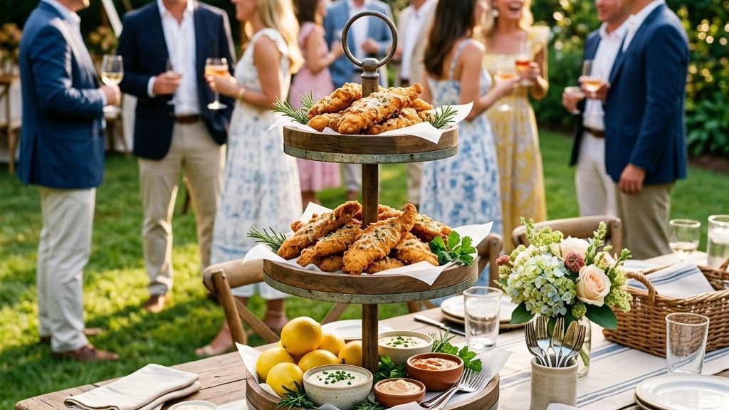 A sophisticated outdoor garden party featuring a tiered server filled with crispy parmesan chicken fingers
