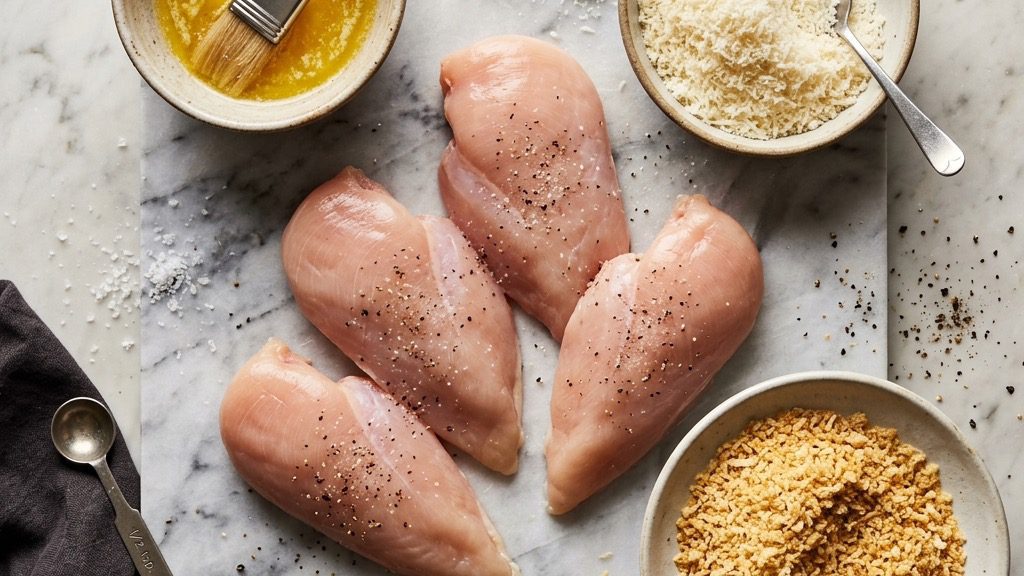 Overhead flatlay of raw chicken fillets, melted butter, grated parmesan, and crispy panko breadcrumbs on a marble surface