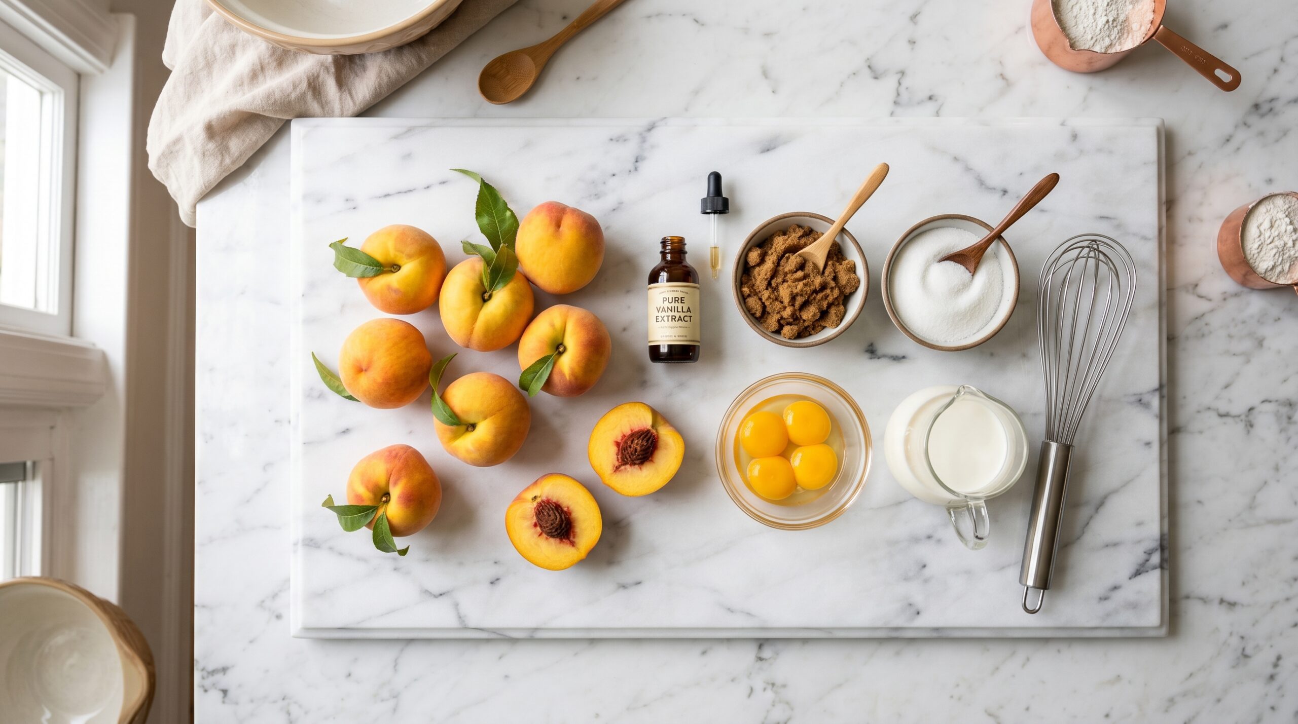 Mise-en-place flat-lay on a marble island showing fresh peaches, brown sugar, white granulated sugar, raw egg yolks, pure vanilla extract, and half-and-half