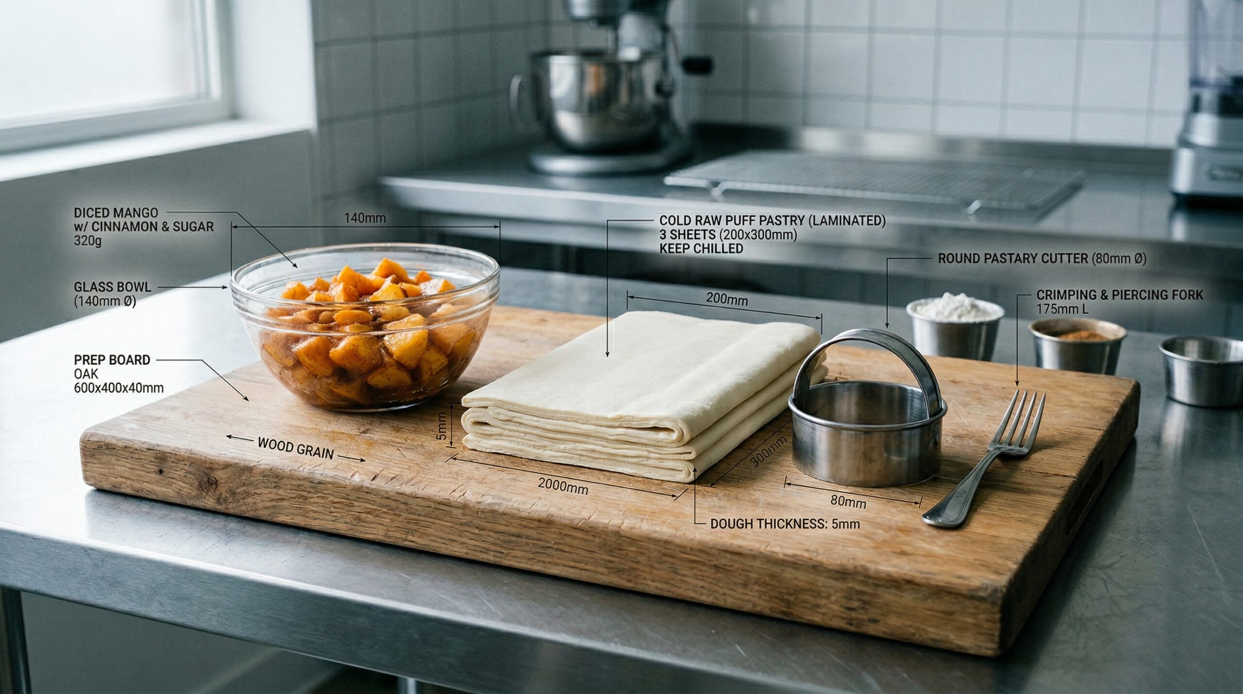 Freshly diced, vibrant orange peaches tossed in cinnamon and sugar resting next to sheets of cold puff pastry dough and a round metal cutter
