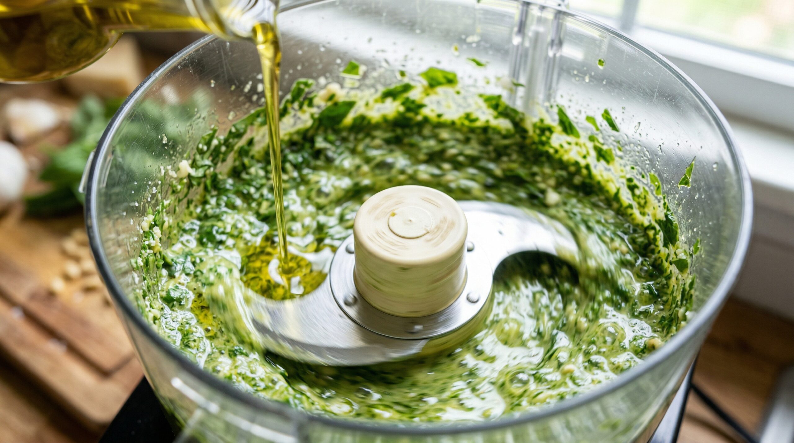 Golden olive oil being drizzled into a food processor with green pesto