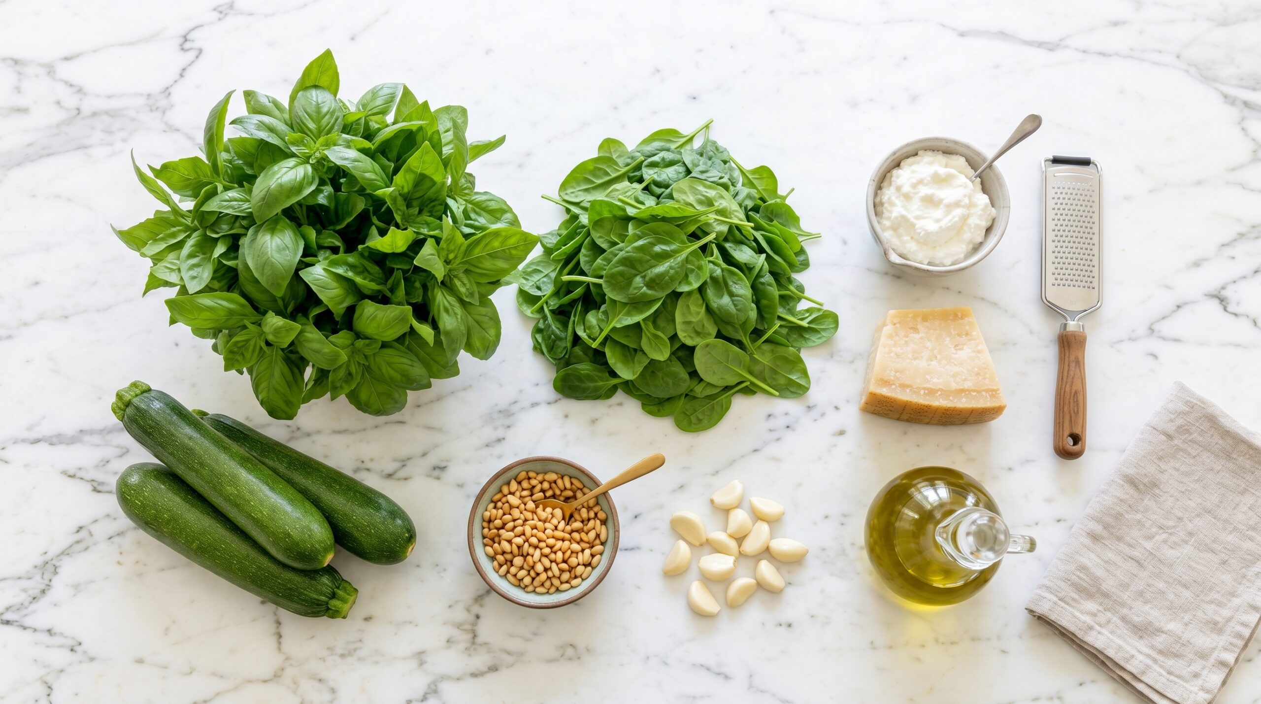 Mise-en-place flat-lay on a marble island showing whole green zucchinis, fresh basil, spinach, toasted pine nuts, garlic, Parmesan, and fresh ricotta