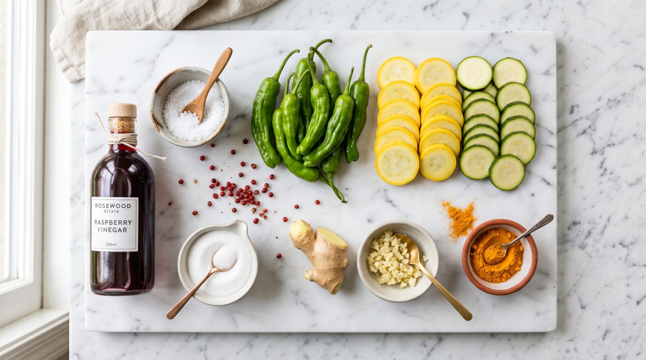 Mise-en-place flat-lay on a marble island showing raw shishito peppers, yellow squash, raspberry vinegar, turmeric, garlic, and pink peppercorns