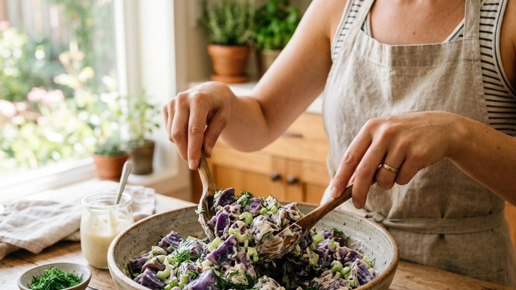 Candid, beautiful lifestyle shot of a woman's hands gracefully tossing a creamy potato salad made with vibrant purple potatoes, celery, and fresh dill.