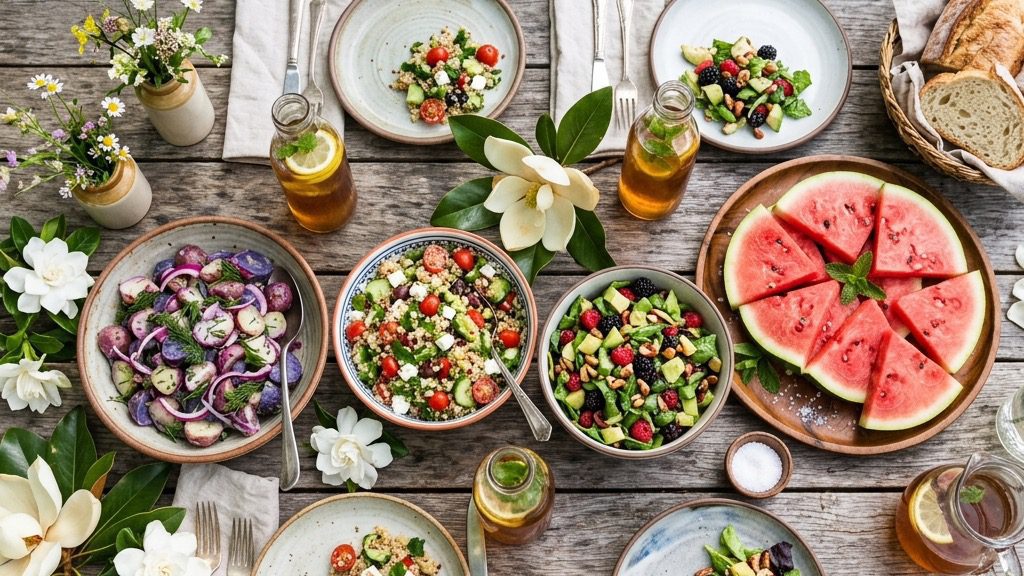 A vibrant, magazine-quality overhead lifestyle shot of a beautiful summer picnic spread on a rustic wooden table featuring three distinct colorful summer salads.
