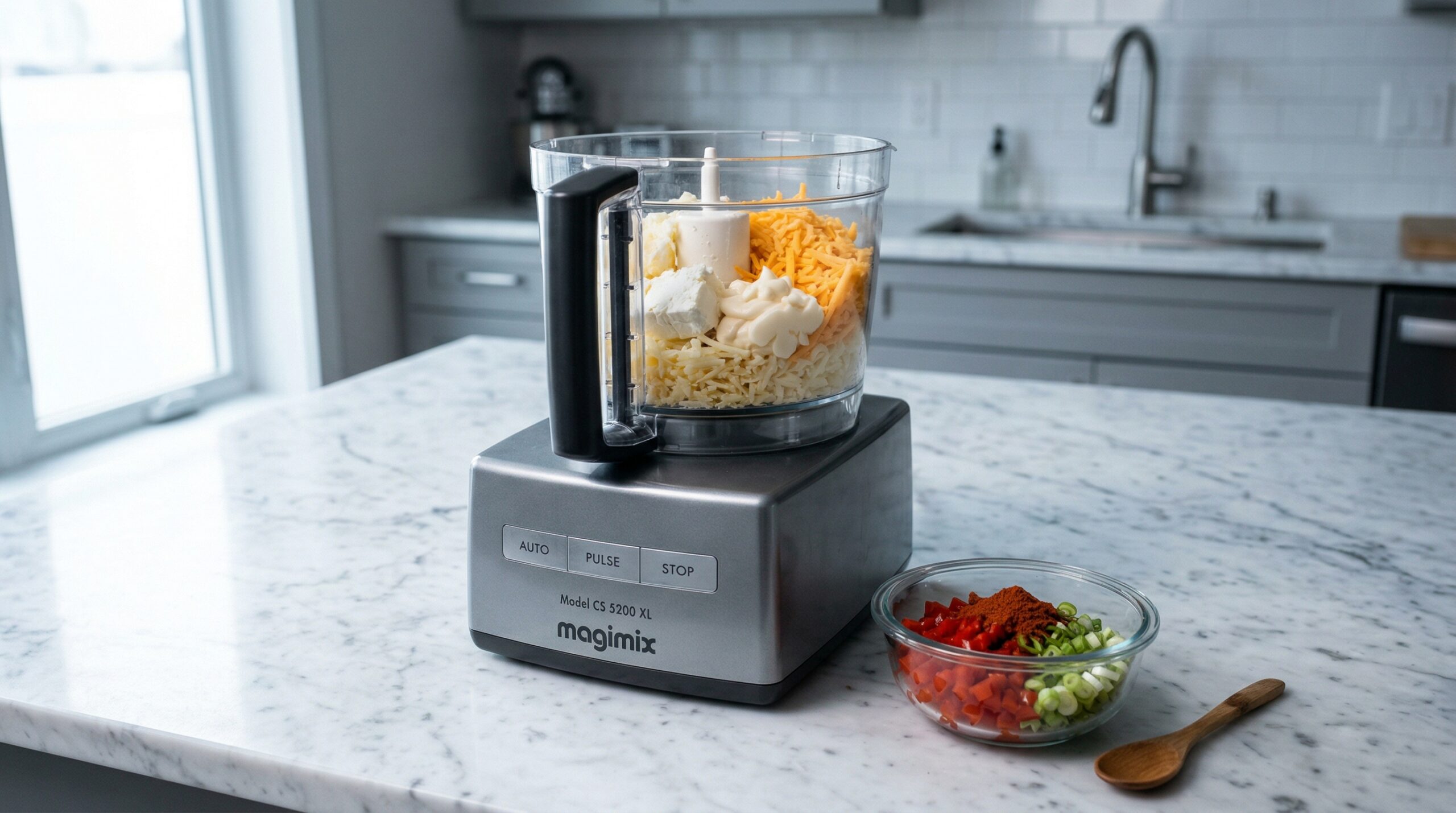 A heavy food processor bowl filled with chunks of cream cheese, grated sharp cheddar, Monterey Jack, and mayonnaise resting next to diced bright red pimentos and smoked paprika