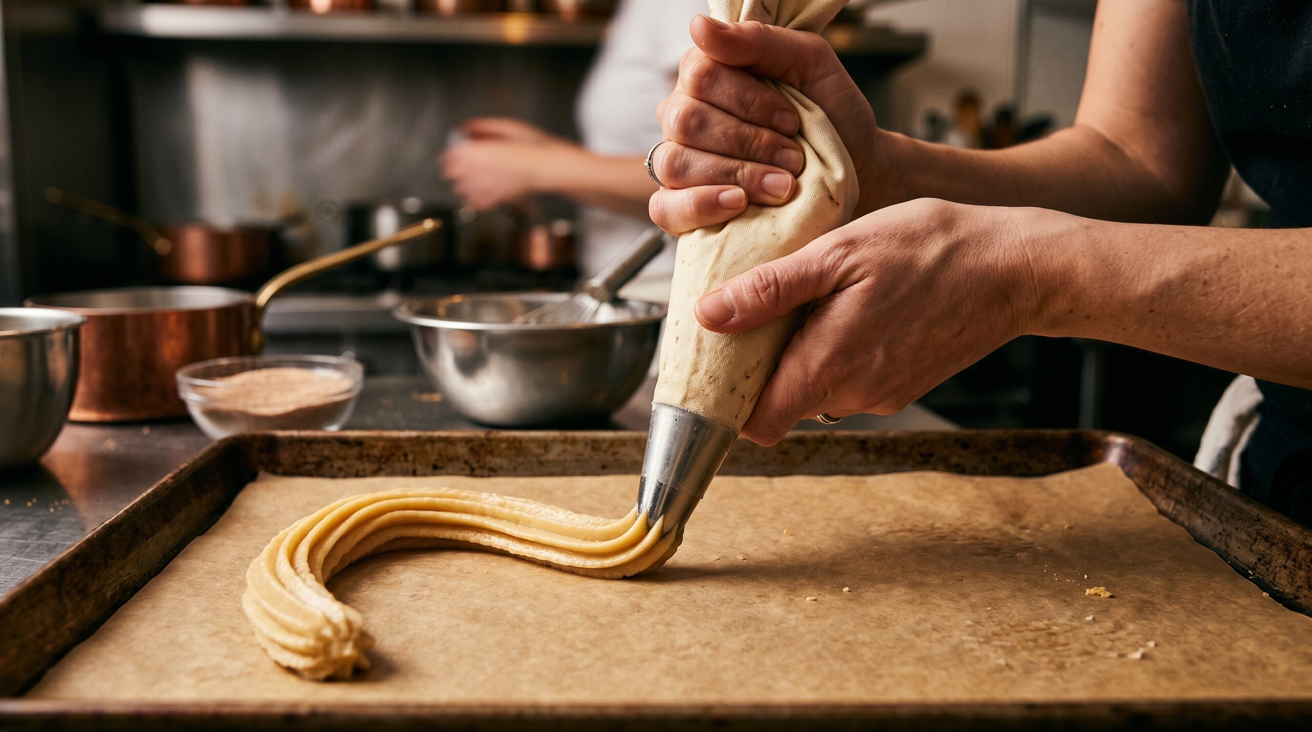 Action shot of hands firmly squeezing a canvas pastry bag, extruding a thick, star-ridged length of golden churro dough onto a parchment-lined baking sheet
