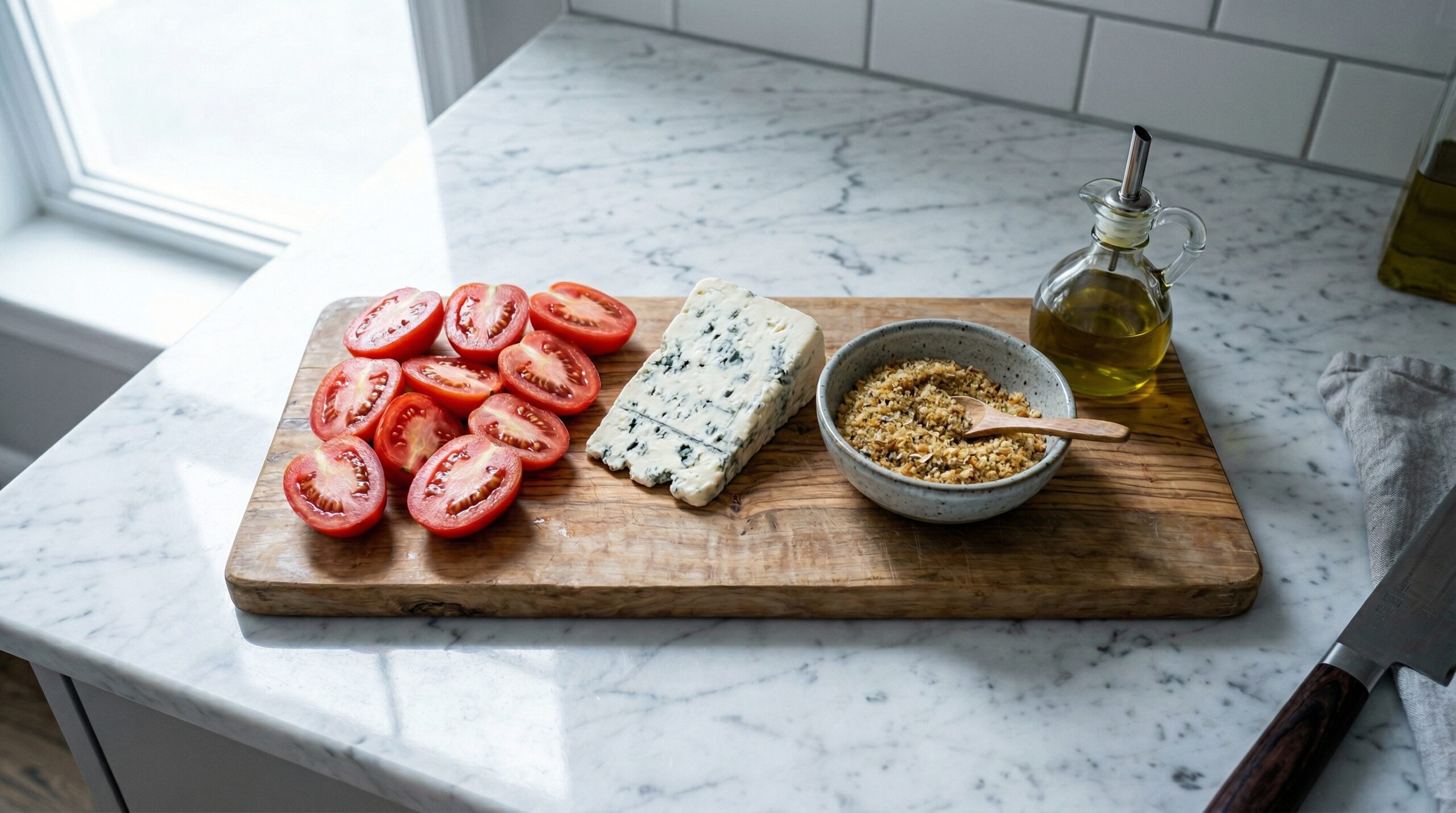 Vibrant red halved plum tomatoes resting on a heavy wooden prep board alongside a wedge of blue-veined Gorgonzola cheese, seasoned breadcrumbs, and olive oil