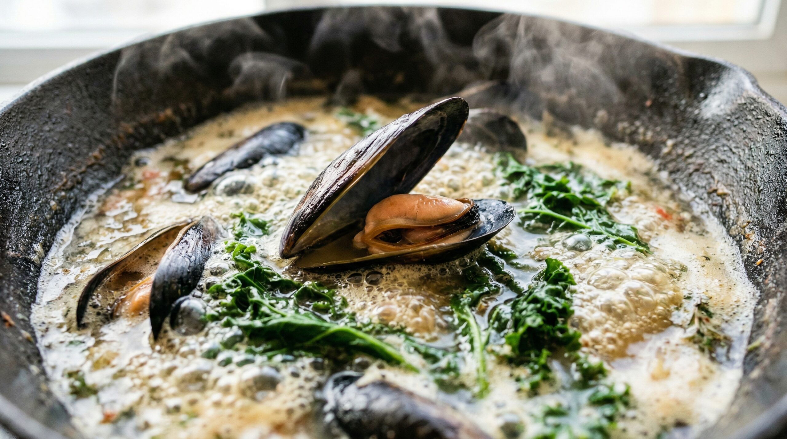 Macro detail of fresh mussels actively popping open their shells in hot steam, releasing their briny liquor into a rich, boiling white wine and chicken broth