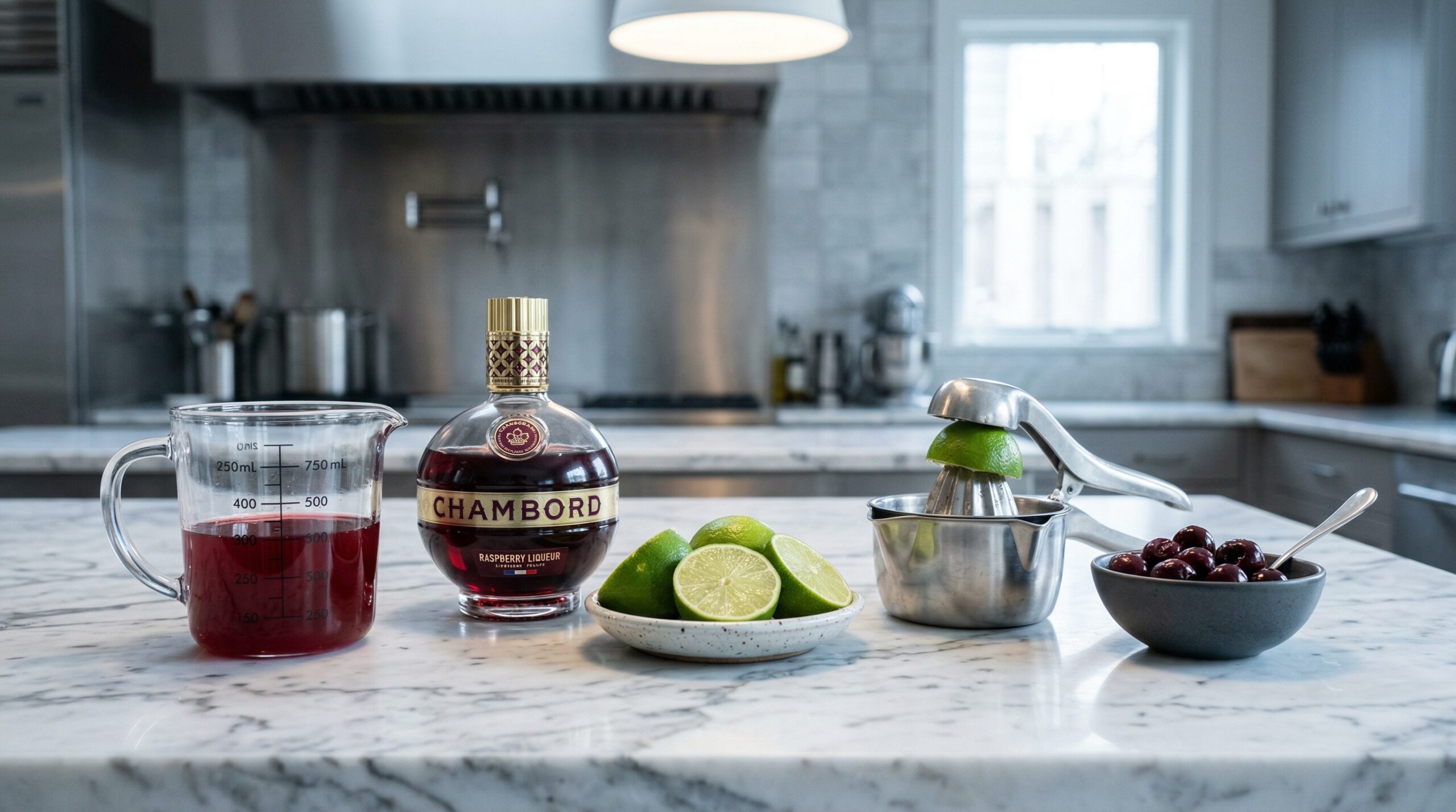 A heavy glass measuring pitcher filled with deep red pomegranate juice resting next to a bottle of raspberry liqueur, fresh halved limes, a silver citrus juicer, and a bowl of pitted dark cherries