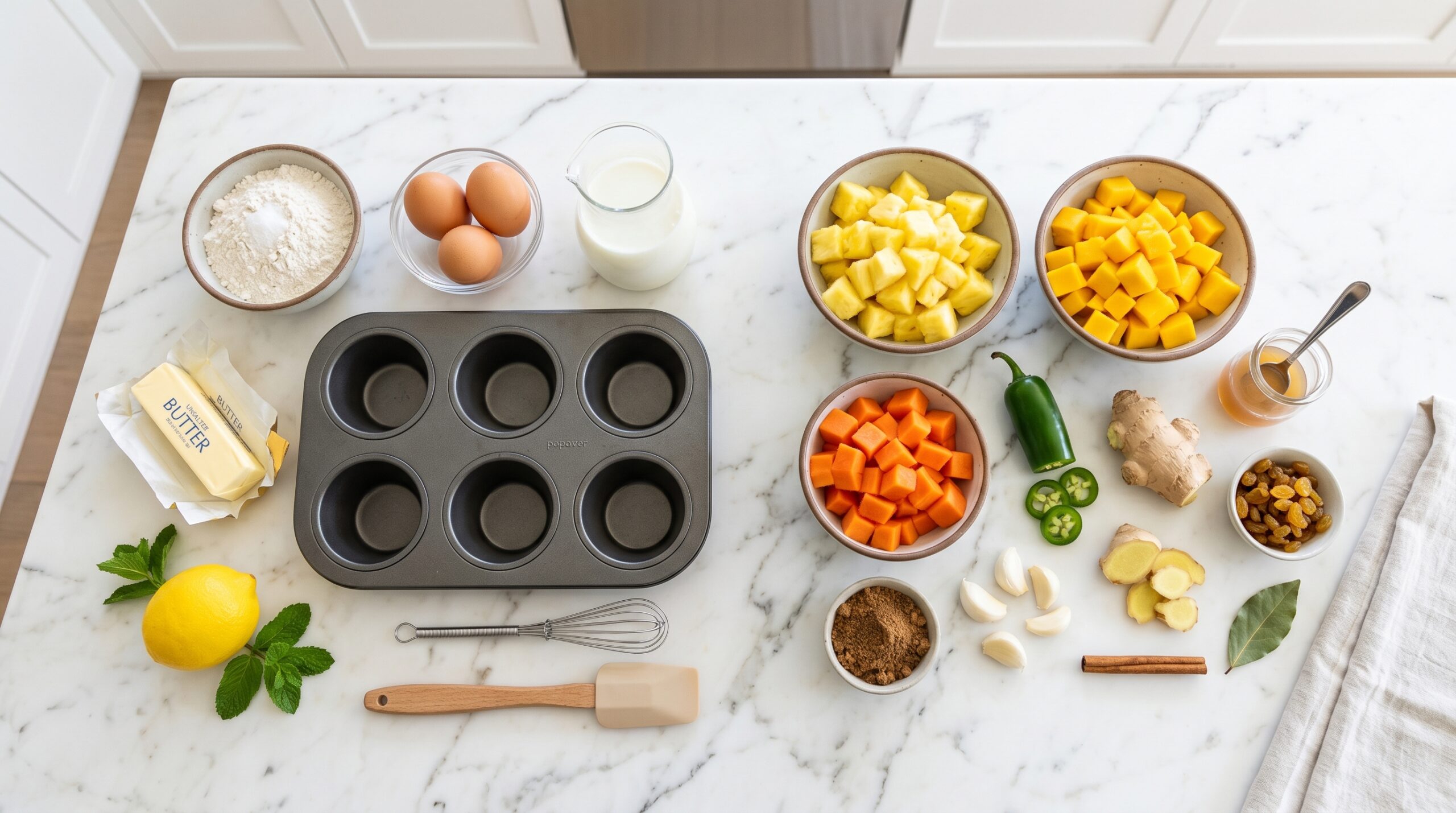 Mise-en-place flat-lay on a marble island showing popover tin, flour, eggs, milk, lemon, alongside fresh pineapple, mango, papaya, jalapeño, and spices