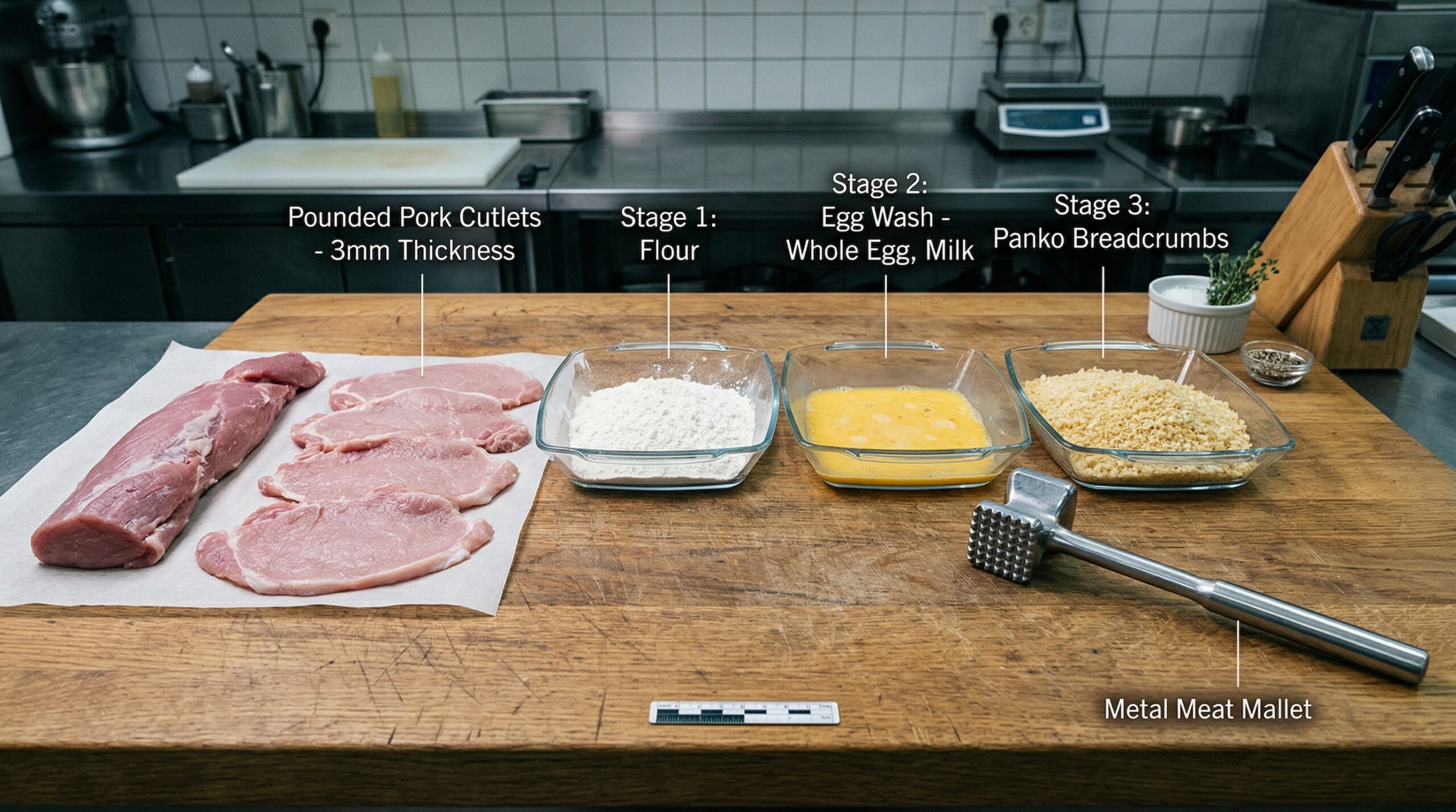 A thick pork tenderloin pounded into ultra-thin cutlets resting next to a three-stage breading station of flour, egg wash, and Panko breadcrumbs