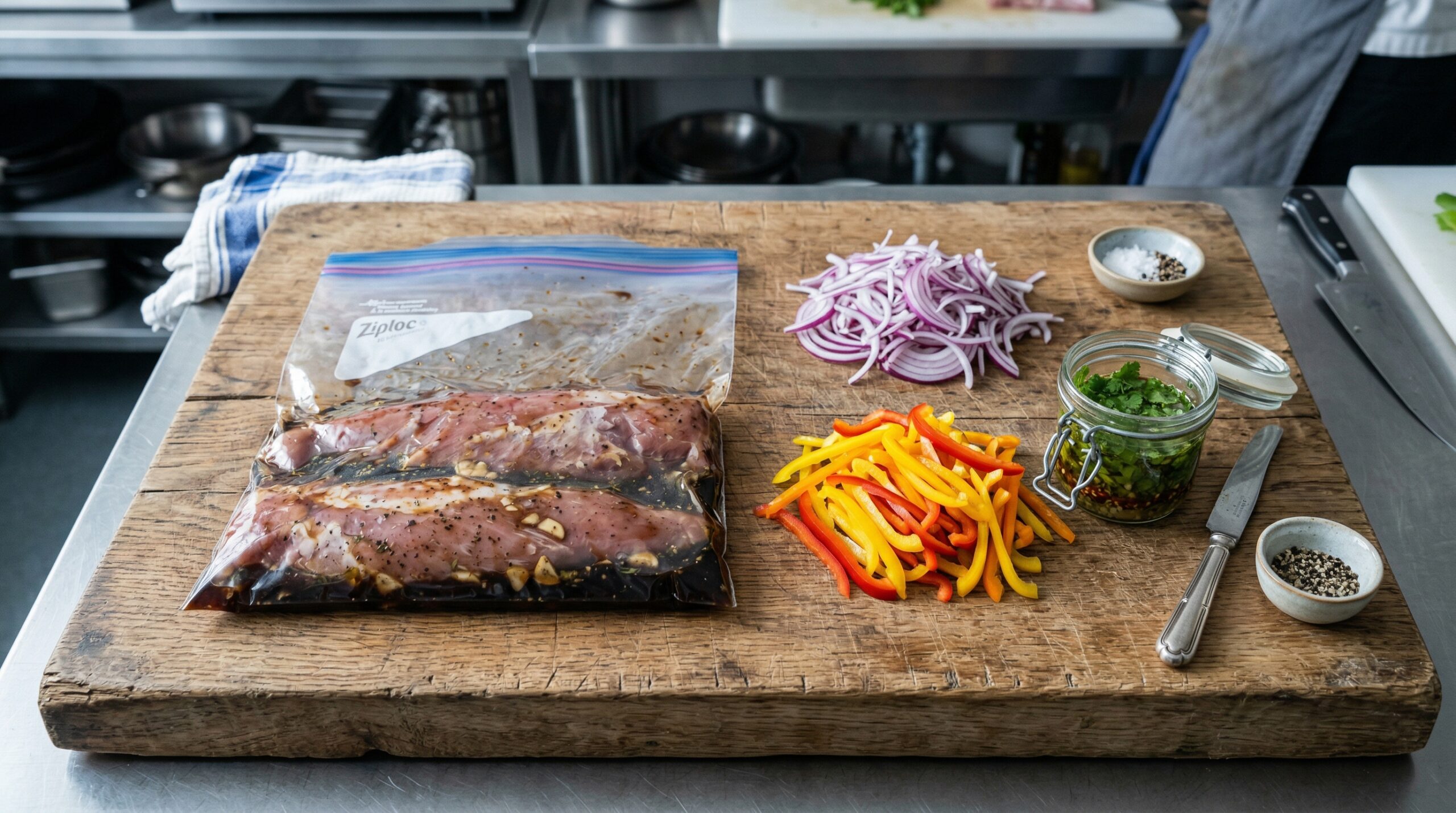 Raw pork tenderloins resting inside a sealable plastic bag filled with a dark soy sauce marinade on a heavy wooden prep board next to thinly sliced red onions and bell peppers