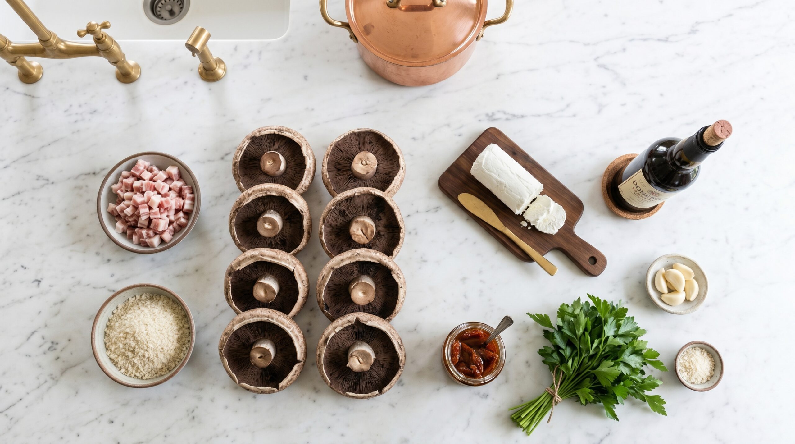Mise-en-place flat-lay on a marble island showing thick Portobello mushrooms, fresh goat cheese, sun-dried tomatoes, raw pancetta, panko breadcrumbs, and Marsala wine