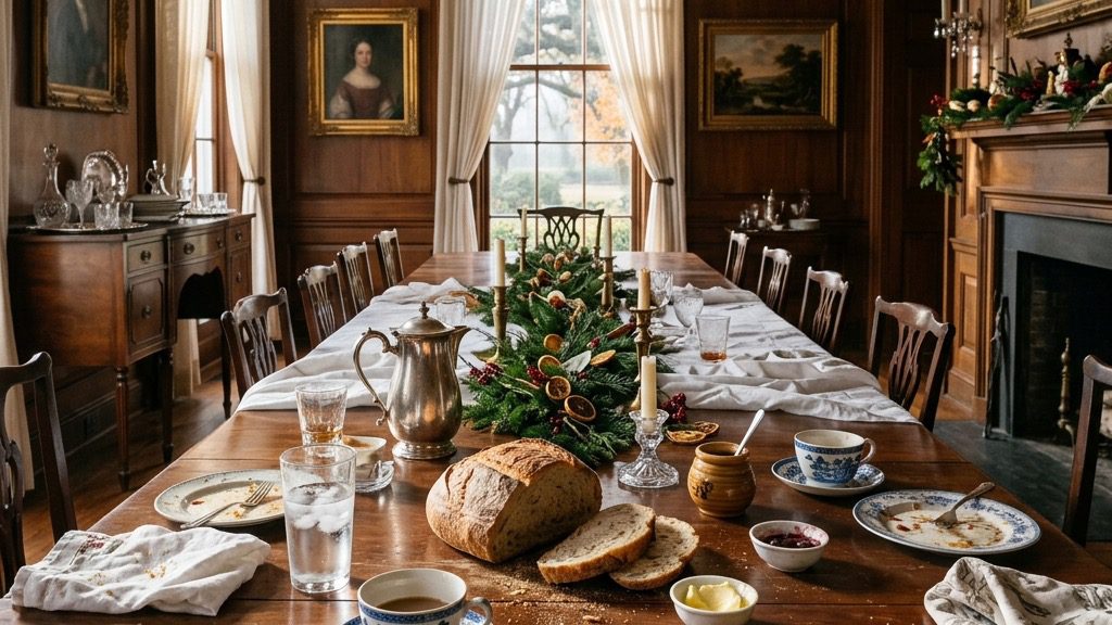 An architectural masterpiece shot of an elegant Southern Estate dining room the morning after a massive holiday feast.