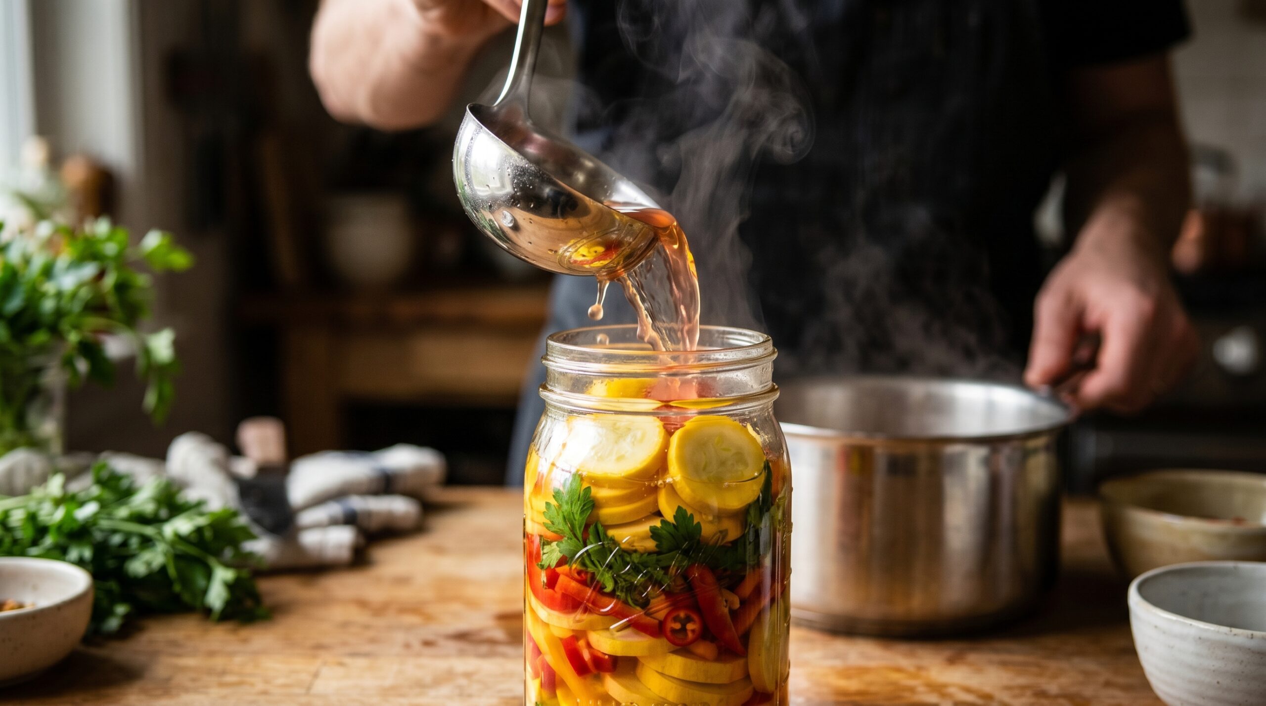 Action shot of a silver ladle cascading a steaming, aromatic golden-pink pickling brine over a glass jar packed with thinly sliced vegetables