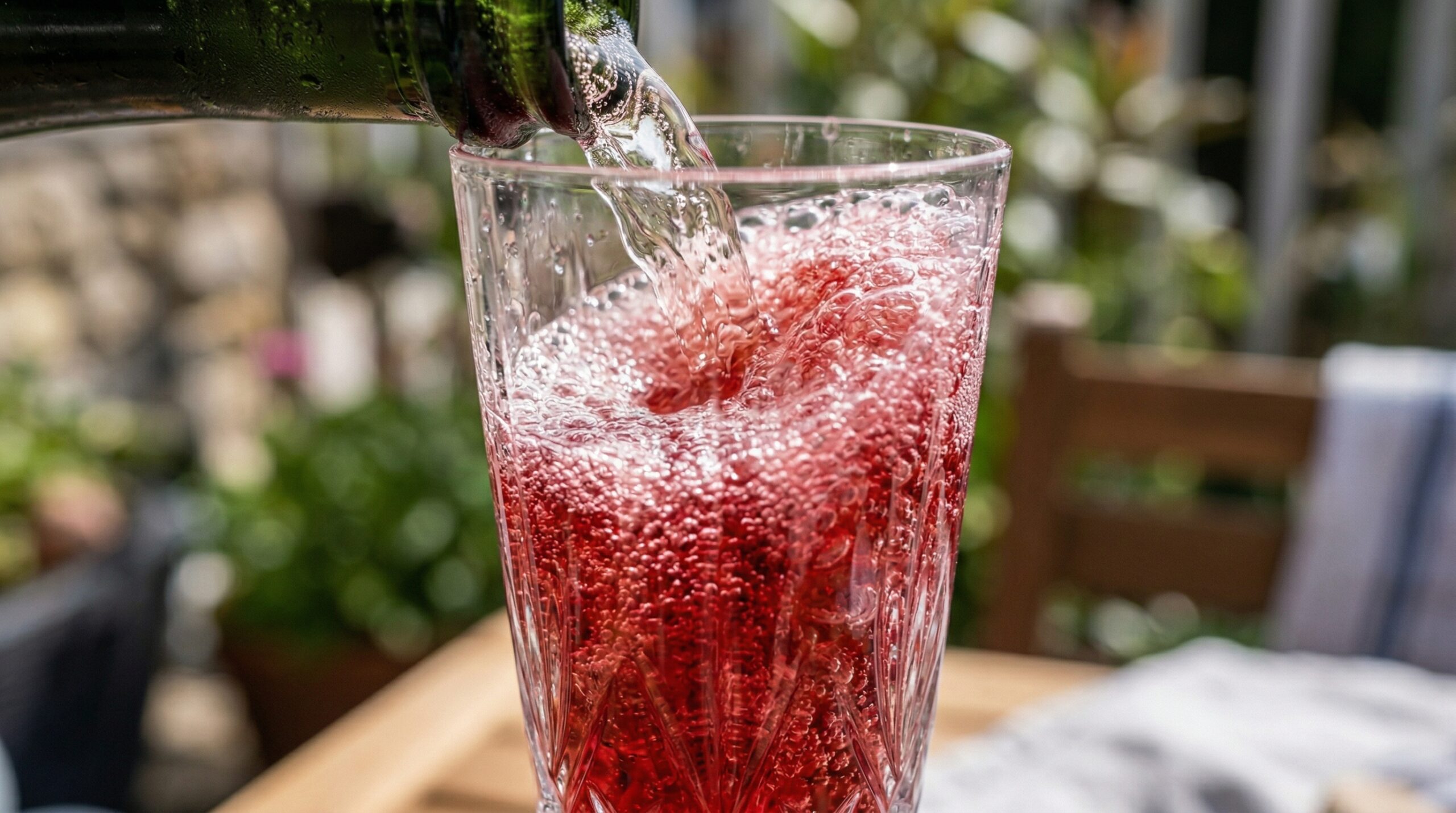 Macro detail of high-effervescence Champagne being poured from a dark green bottle directly into a crystal flute, violently mixing with a rich ruby-red pomegranate base