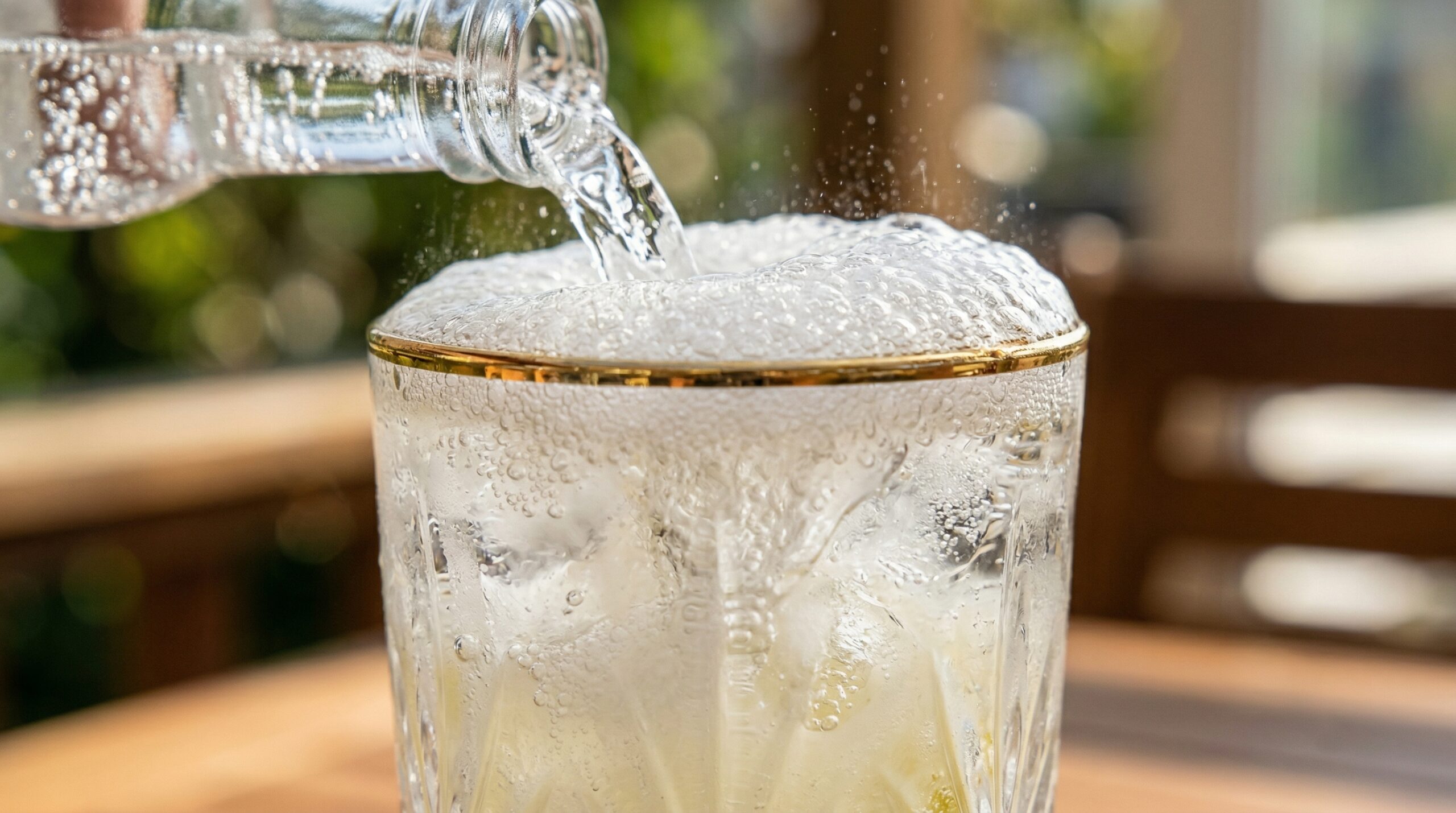 Macro detail of highly effervescent, clear club soda being actively poured from a glass bottle into a crystal highball glass, creating a lively, sparkling foam over a pale yellow gin base