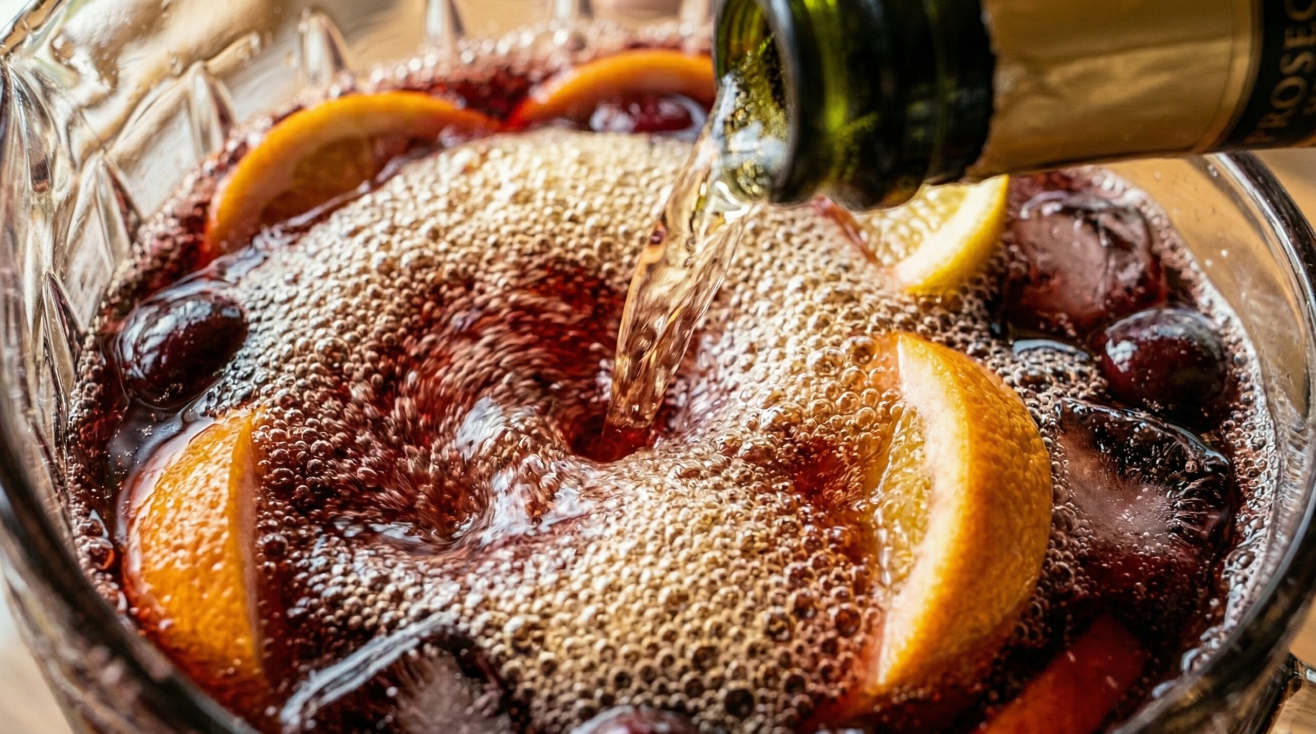 Macro detail of highly effervescent, golden Prosecco being poured directly into a crystal pitcher filled with dark red wine and floating citrus pinwheels