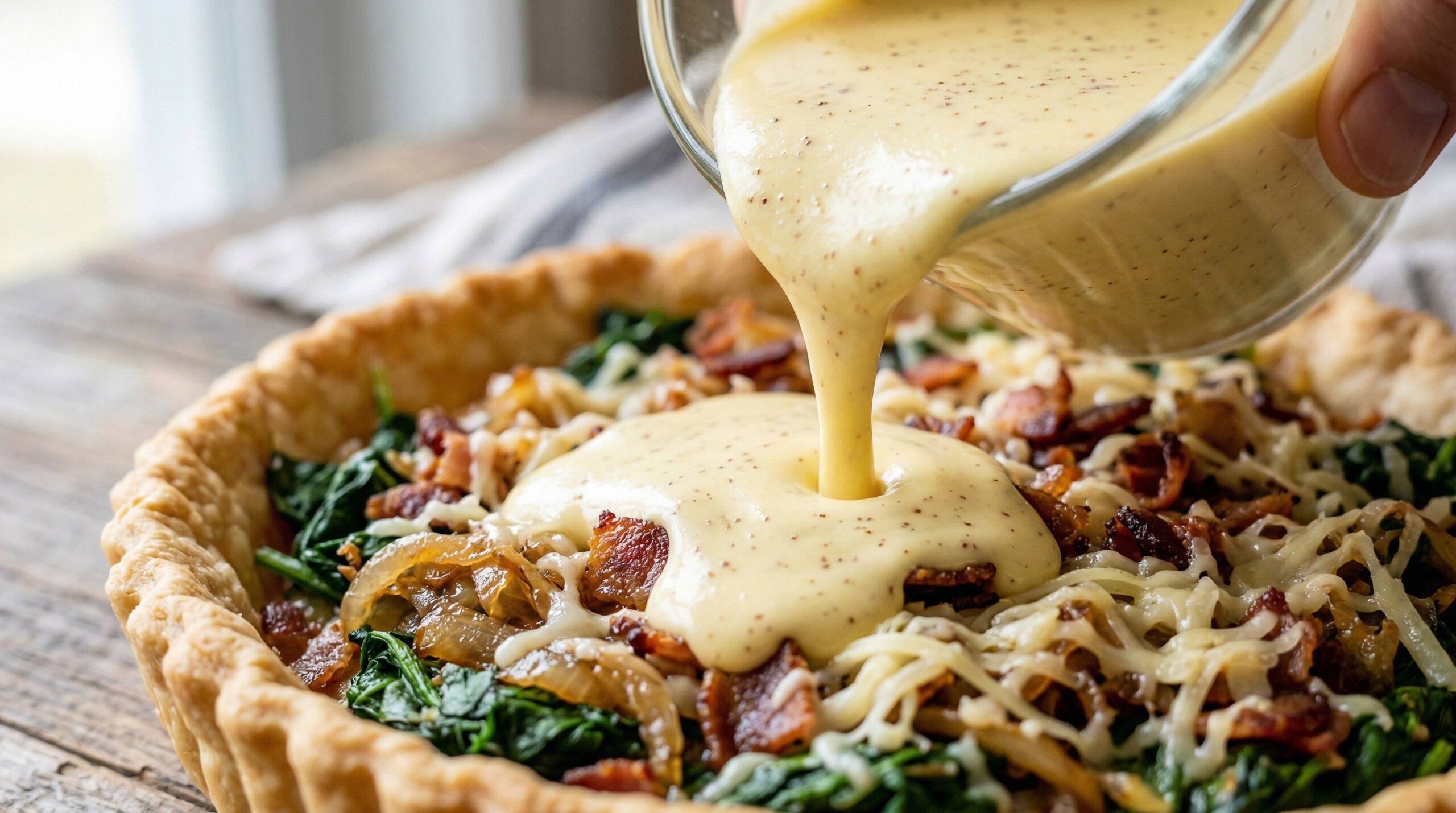 Macro detail of a smooth, pale yellow mixture of heavy cream, fresh eggs, and nutmeg being poured directly over a beautifully layered bed of spinach, caramelized onions, crisp bacon, and grated Fontina cheese inside a fluted tart shell