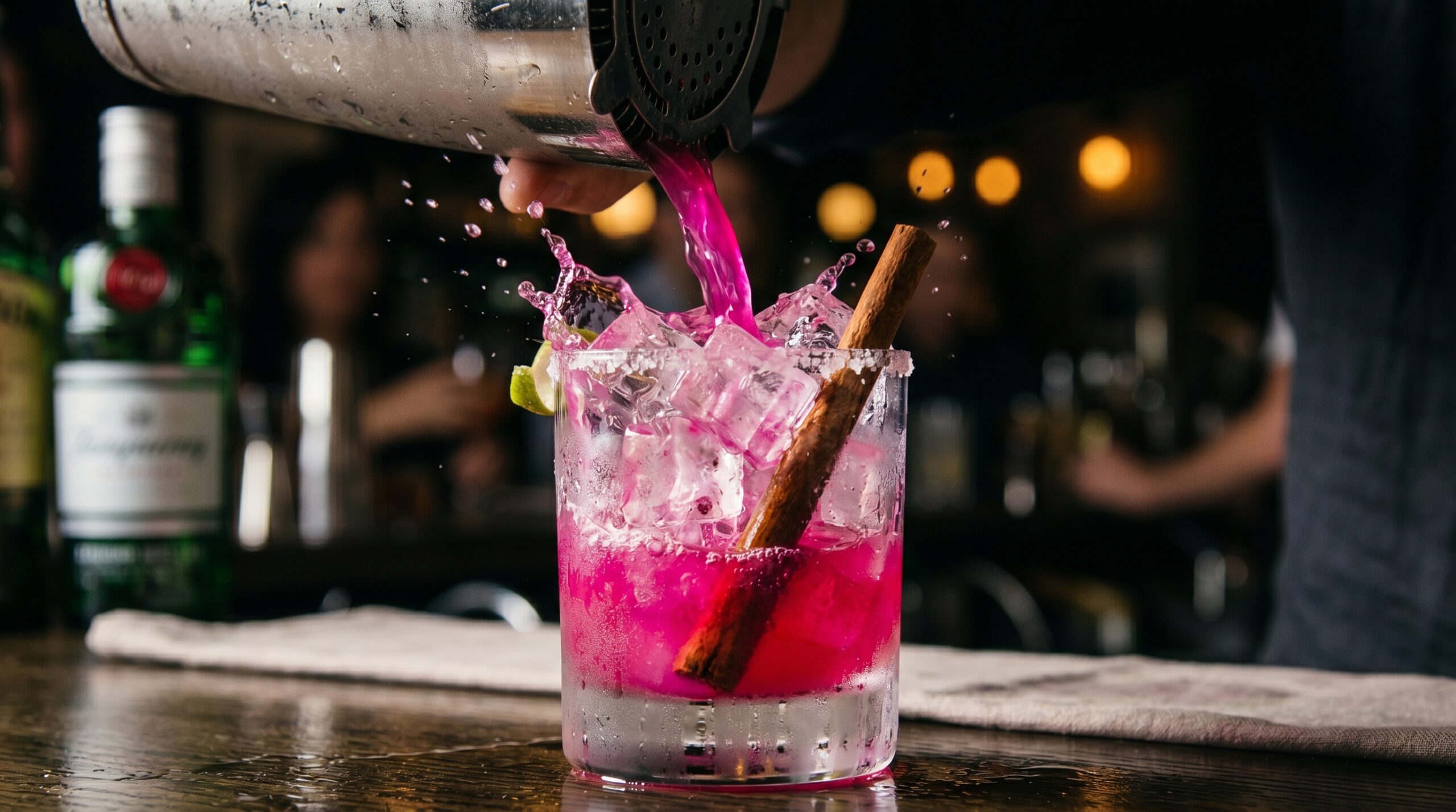 Action shot of a silver cocktail shaker cascading a glowing fuchsia-pink prickly pear and tequila mixture over square ice cubes