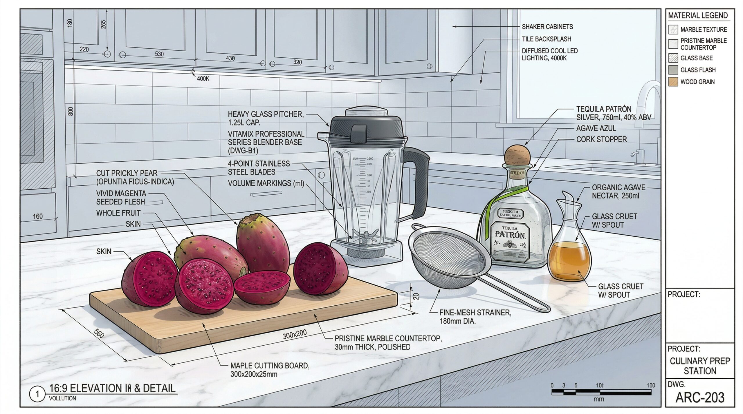 Vivid, dark magenta prickly pears cut in half to reveal their seeded flesh resting next to a heavy glass blender pitcher, a fine-mesh strainer, and silver tequila on a marble counter