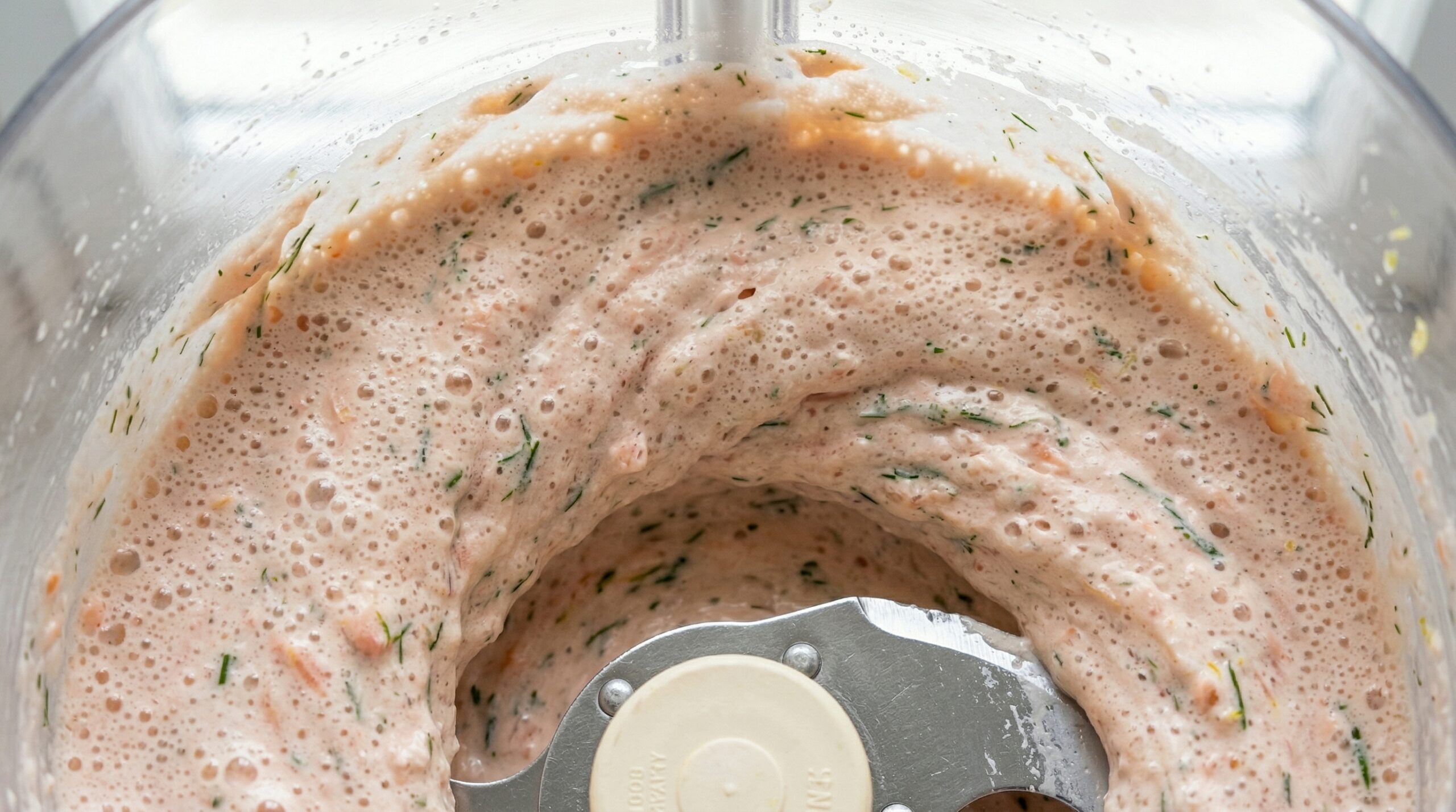 Macro detail of a thick, pale pink paste of cream cheese, flaked salmon, fresh herbs, and lemon juice actively whirling into a smooth mousse inside a food processor