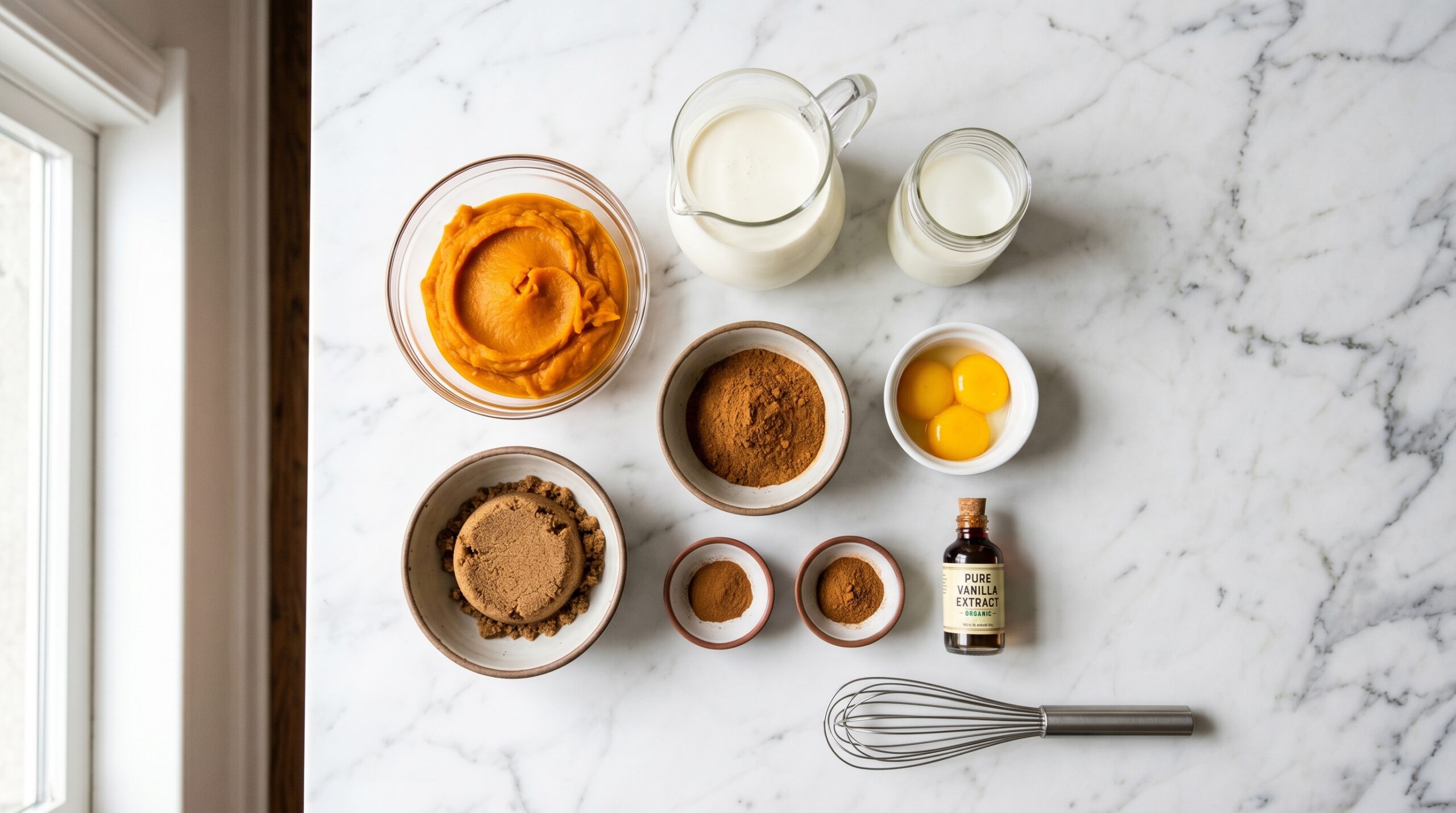 Mise-en-place flat-lay on a marble island showing pumpkin puree, dark brown sugar, raw egg yolks, vanilla extract, heavy cream, and pumpkin pie spices
