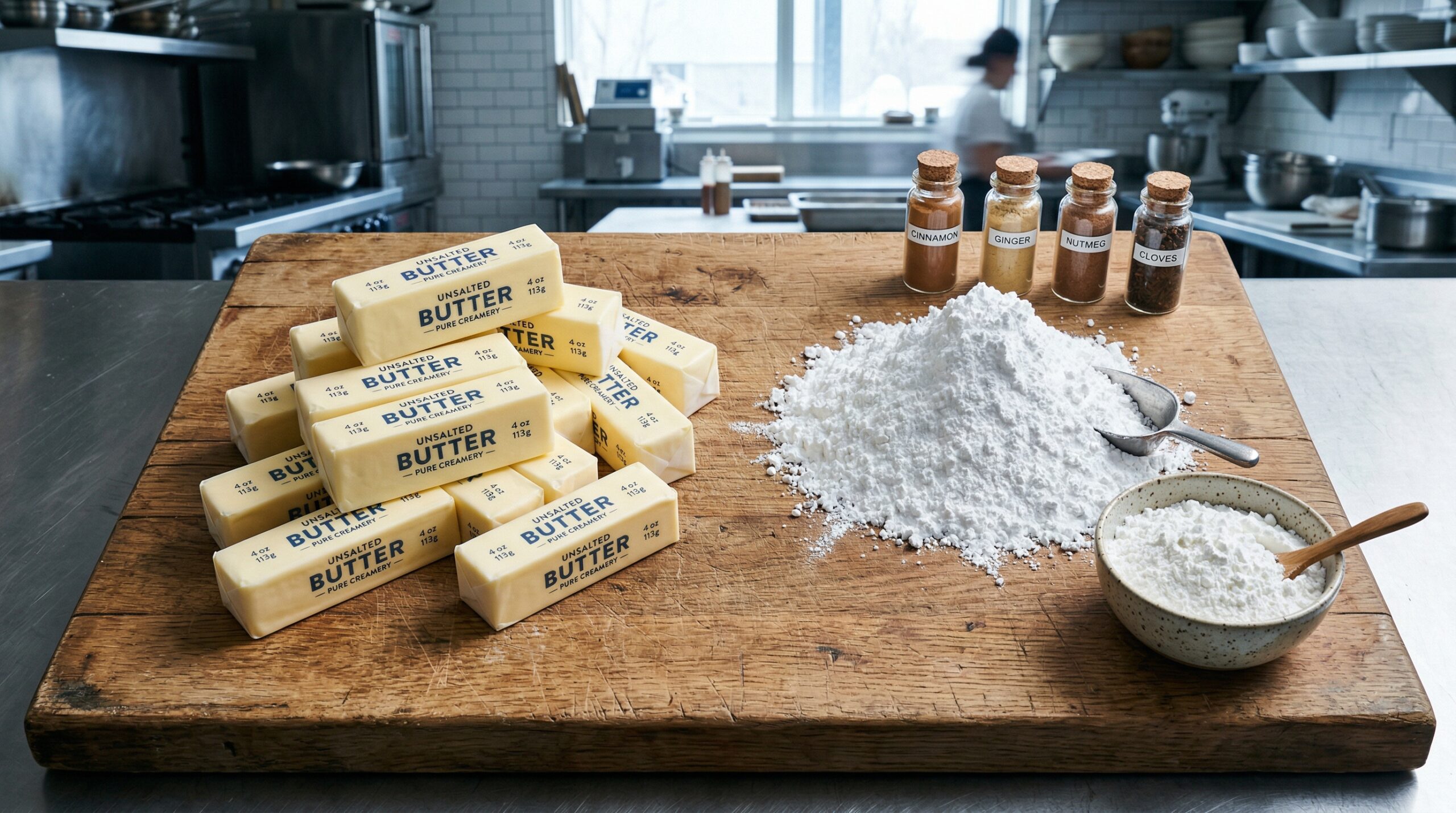 Massive arrangement of butter sticks and seasonal spices for shortbread prep