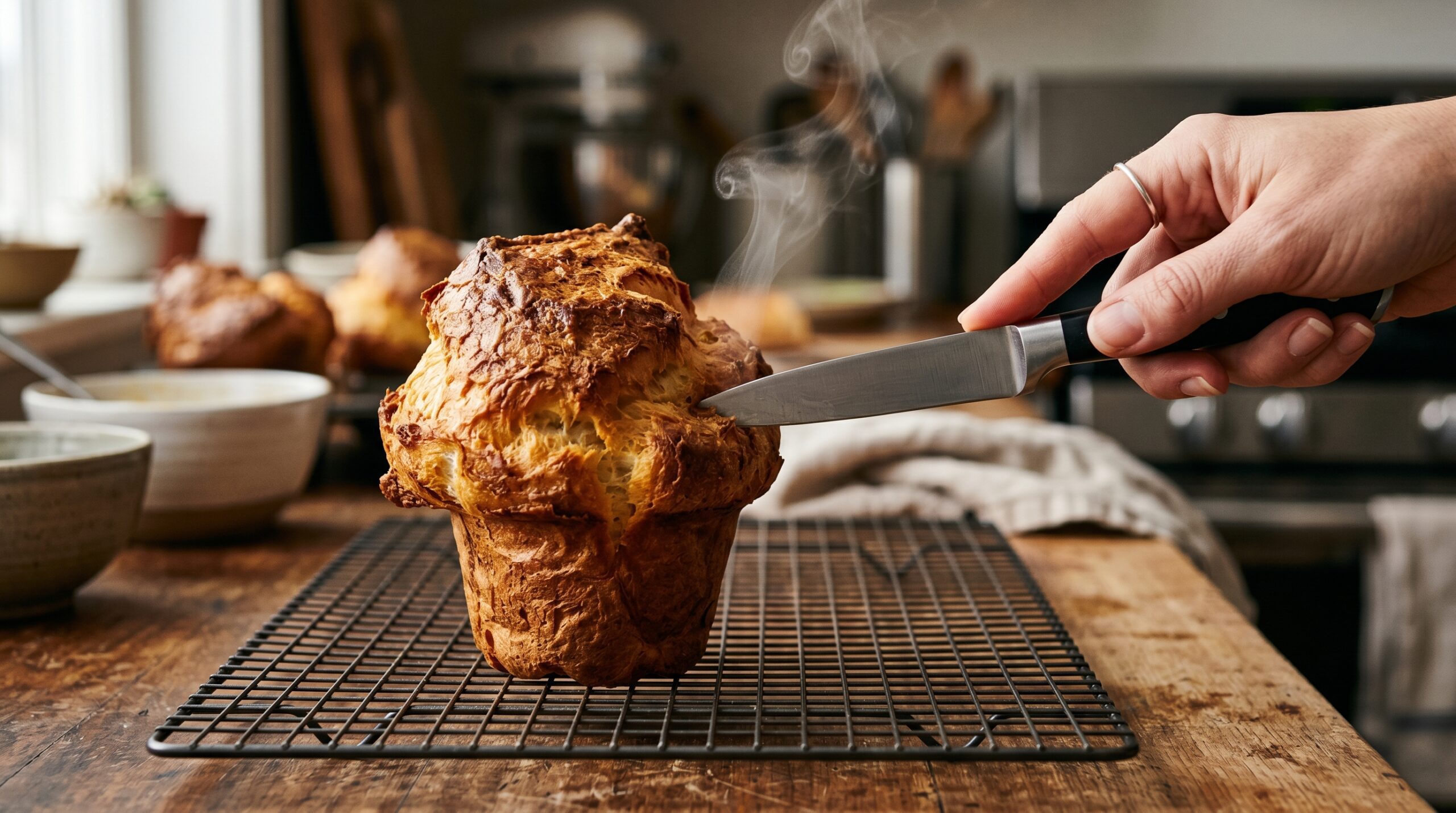 Action shot of elegant hands using a sharp silver paring knife to gently puncture the side of a steaming, hot golden popover resting on a cooling rack