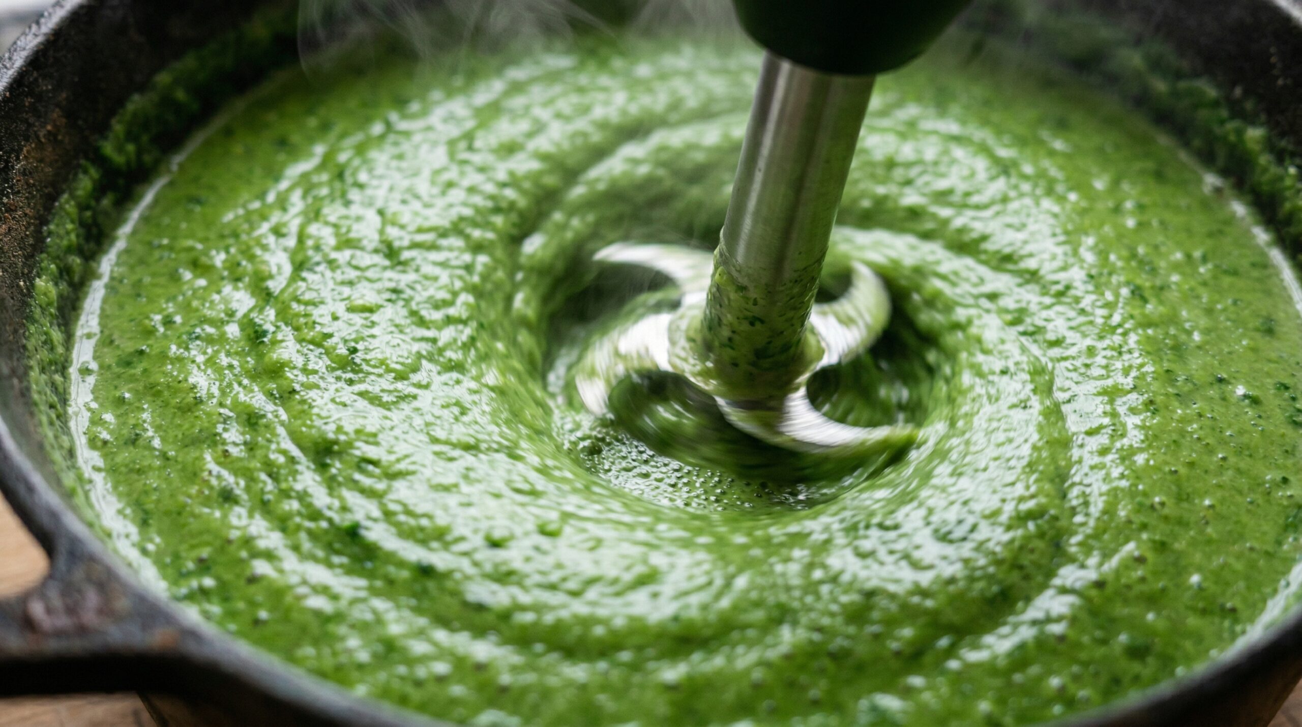 Macro detail of an immersion blender submerged in a cast-iron soup pot, actively pureeing softened peas and spinach into a perfectly smooth, thick, bright green liquid