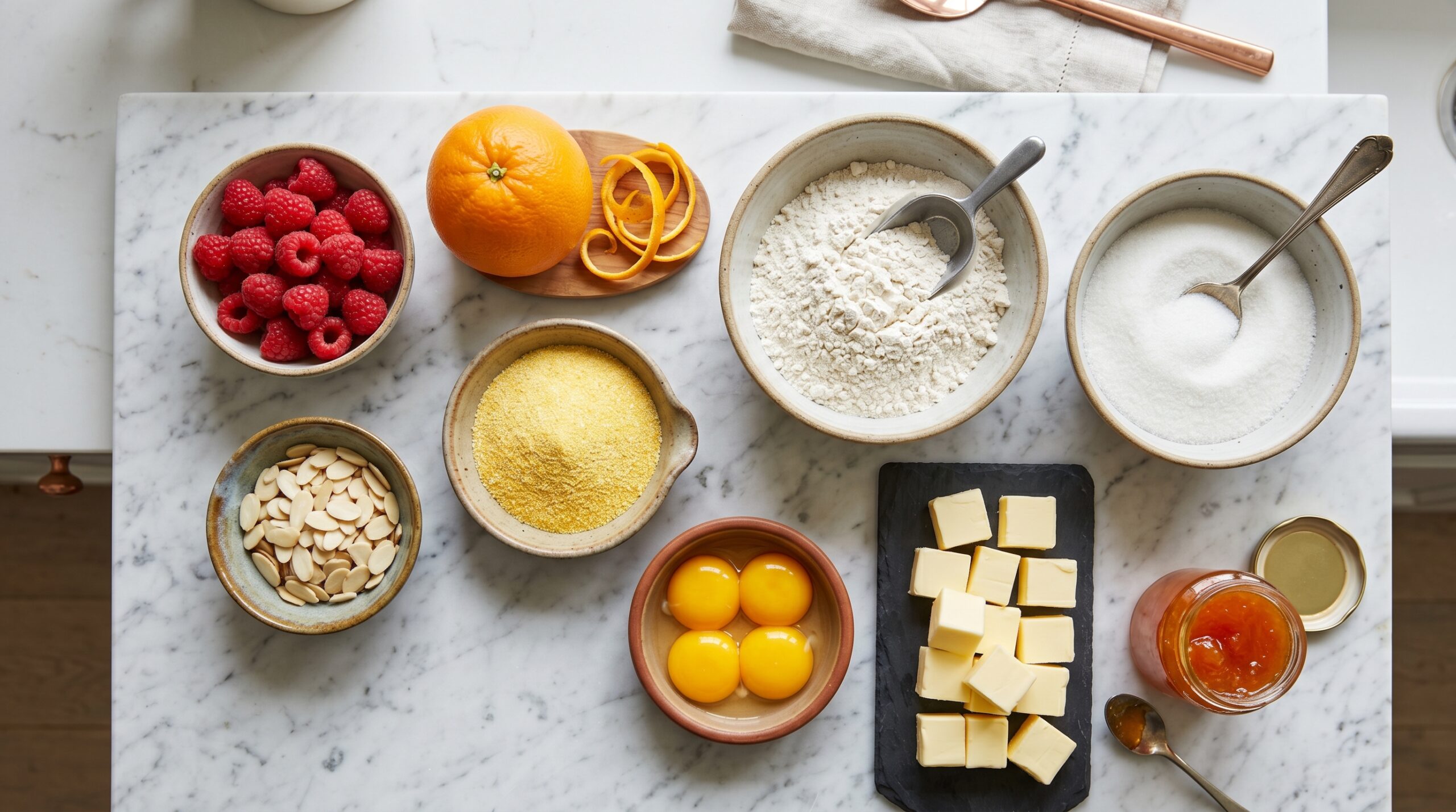 Mise-en-place flat-lay on a marble island showing fresh red raspberries, an orange, sliced almonds, cornmeal, flour, sugar, egg yolks, butter, and apricot jam