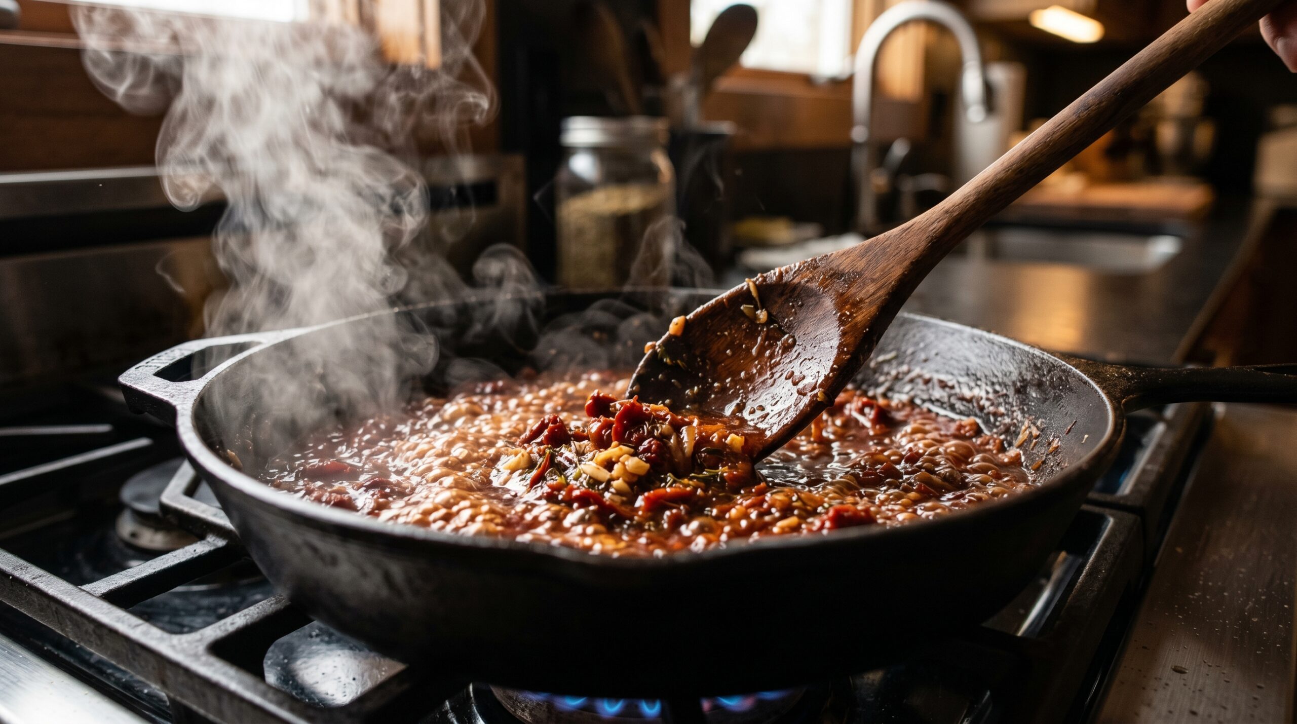 Action shot of a wooden spoon stirring a bubbling, glossy, dark red mixture of sun-dried tomatoes and Marsala wine inside a heavy cast-iron skillet