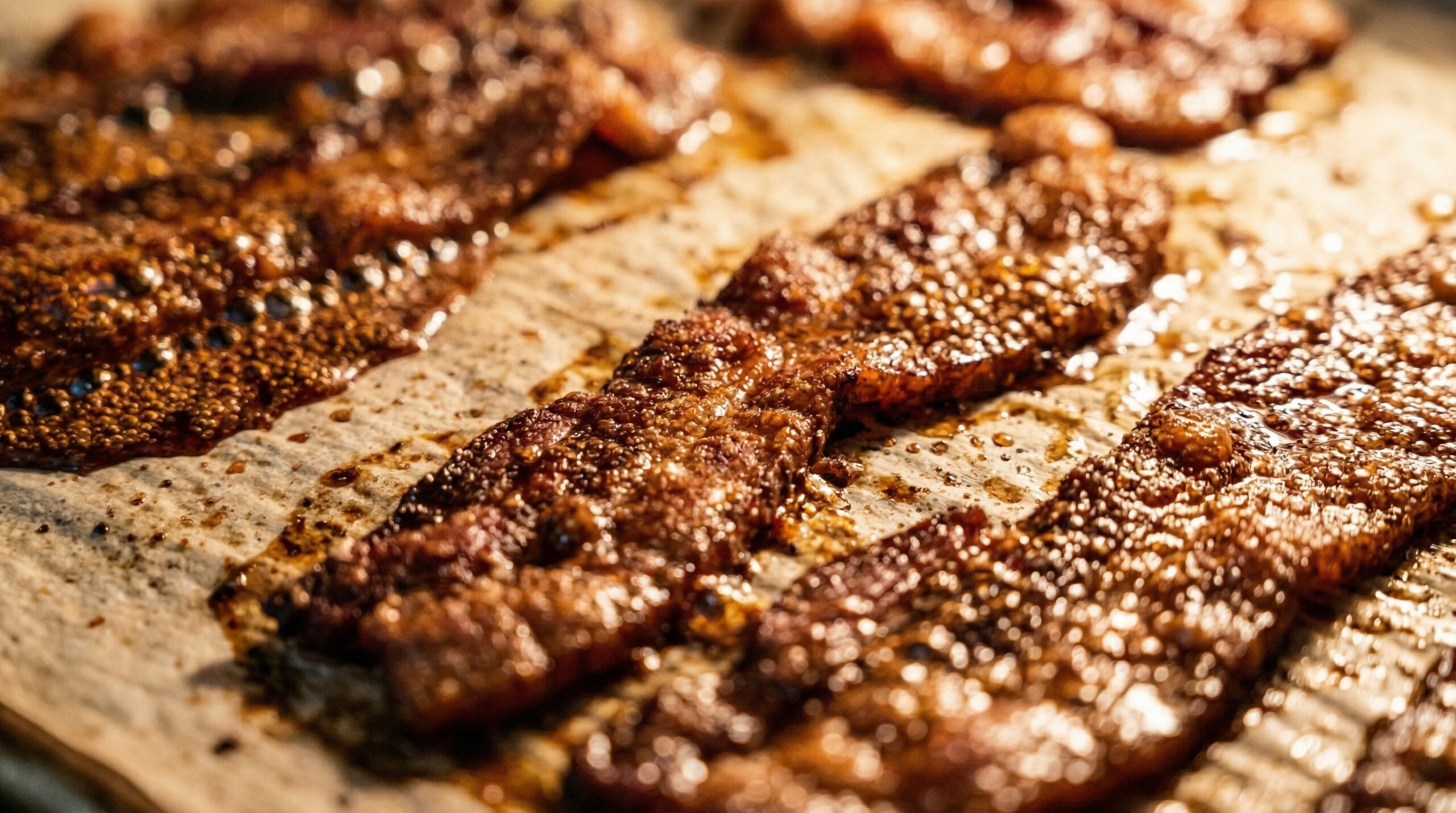 Macro detail of thick strips of brown sugar-coated bacon actively rendering and bubbling into a dark amber syrup inside a hot oven