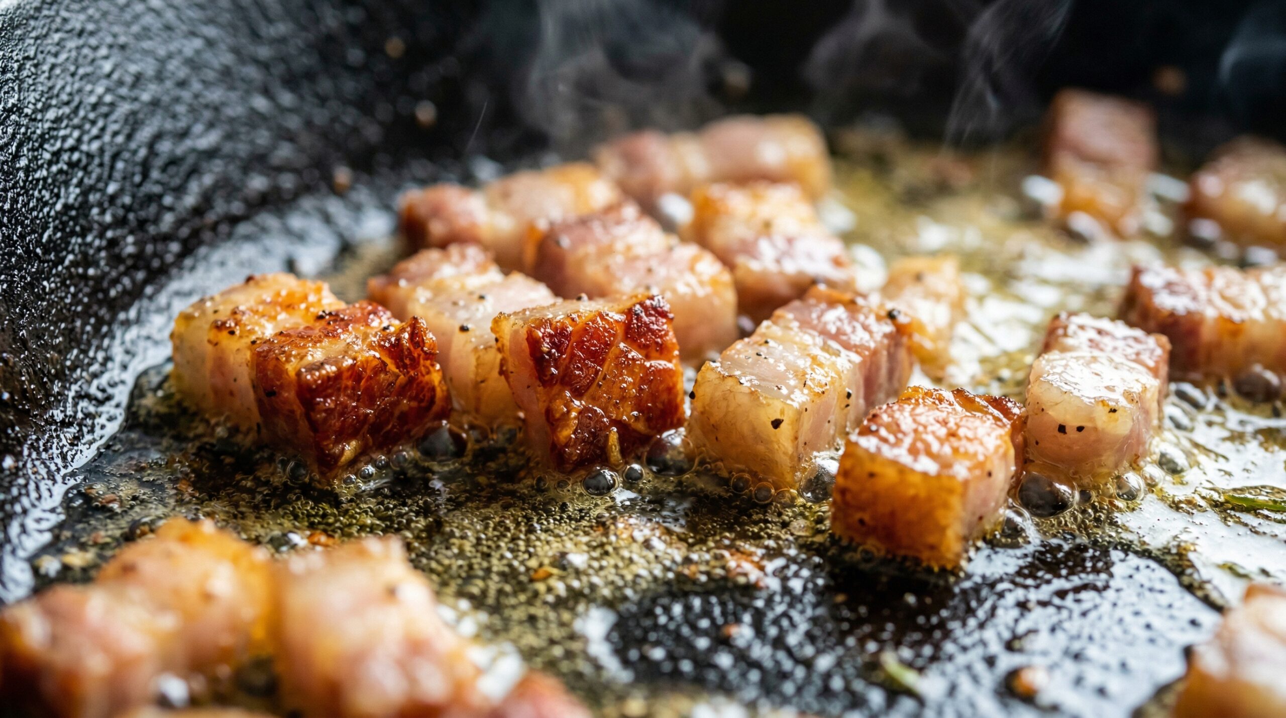 Macro detail of small cubes of salty Italian pancetta actively searing into a shimmering pool of golden olive oil