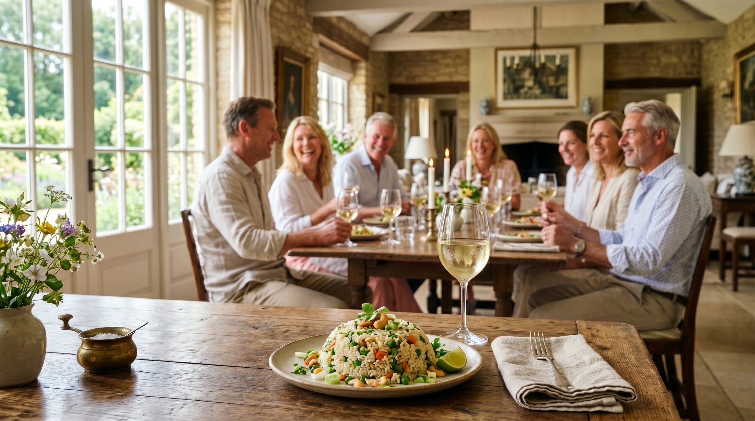 Elegant sunlit indoor estate dining room during a restorative weekend lunch gathering with couples laughing, the domed cauliflower fried rice in the foreground