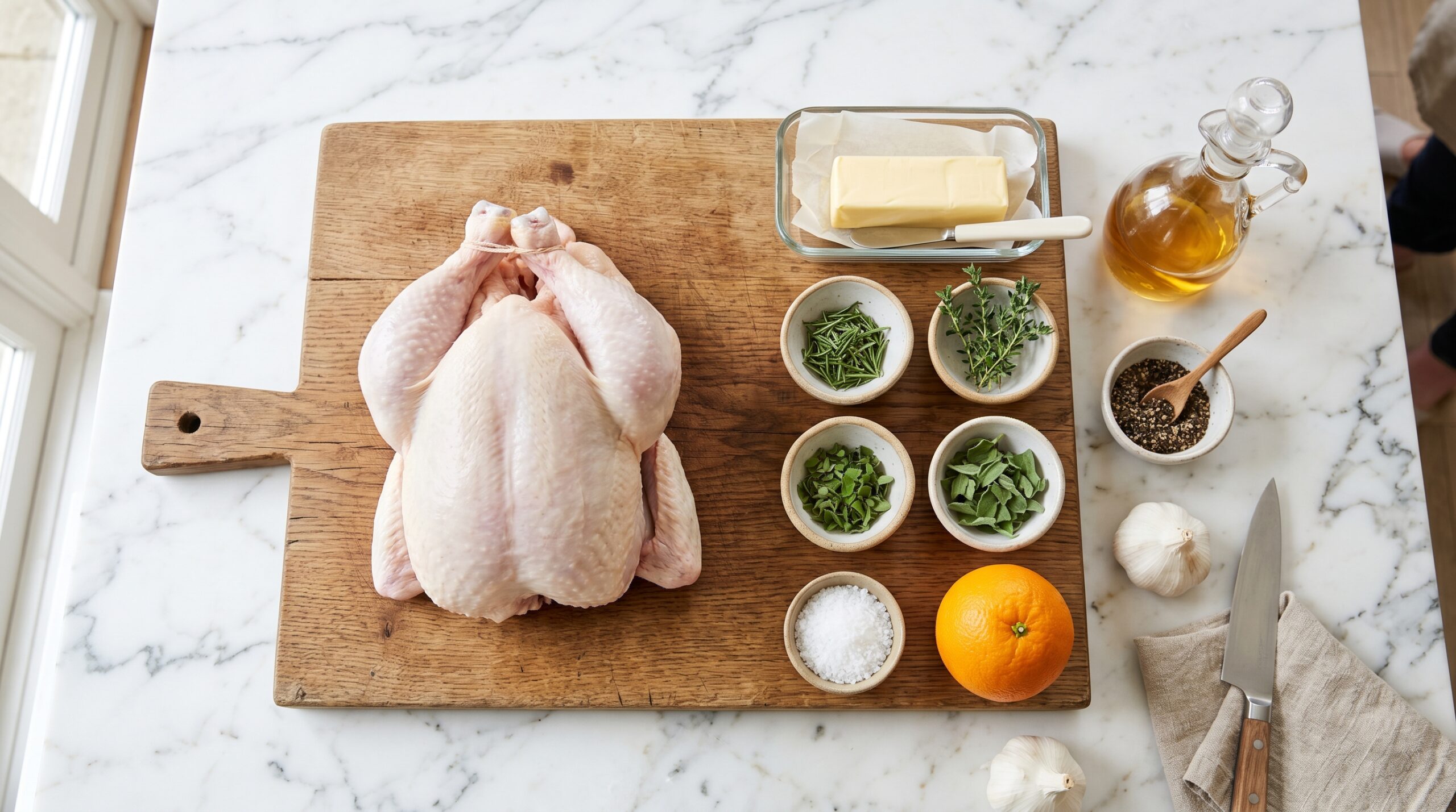 Mise-en-place flat-lay on a marble island showing a raw whole chicken, softened butter, fresh rosemary, thyme, oregano, sage, an orange, and dry sherry