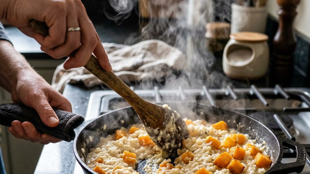 Action shot of hands holding a wooden spoon, actively stirring creamy white cauliflower risotto and bright orange butternut squash in a heavy cast iron skillet, steam rising upwards