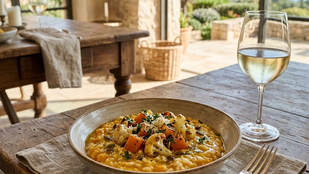 A beautifully plated bowl of butternut squash cauliflower risotto sitting on a sun-drenched elegant estate dining table, a silver fork resting on a coastal linen napkin alongside a glass of crisp white wine