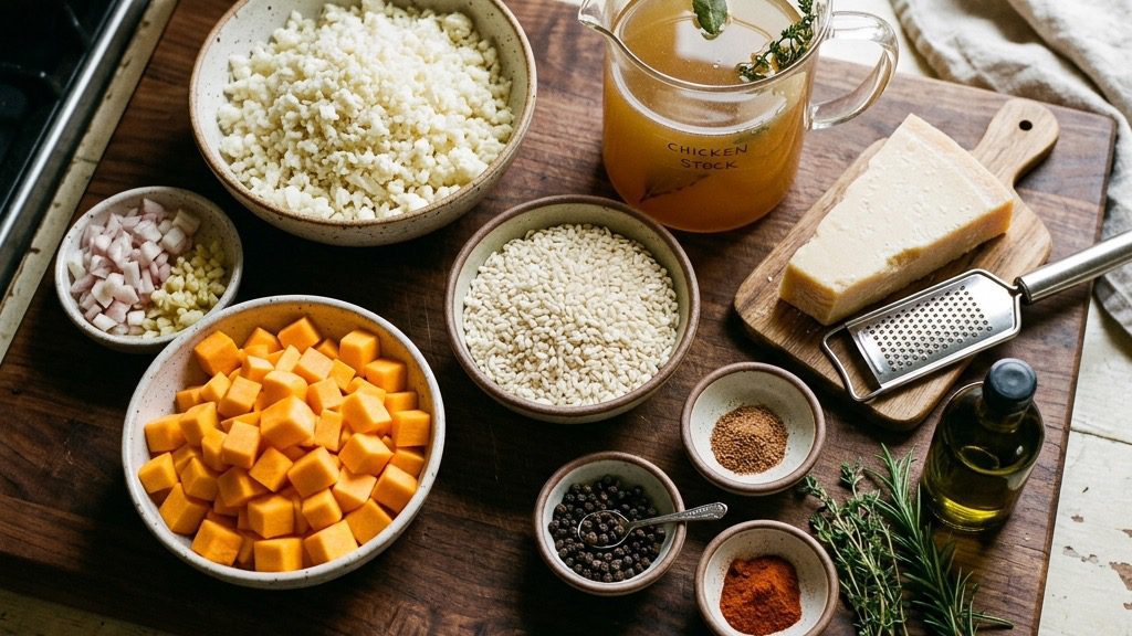 Mise-en-place of raw ingredients for cauliflower risotto: raw cauliflower crumbs, bright diced orange butternut squash, chicken stock in a glass pitcher, a block of fresh parmesan, and warm spices, arranged artistically on a heavy wood block