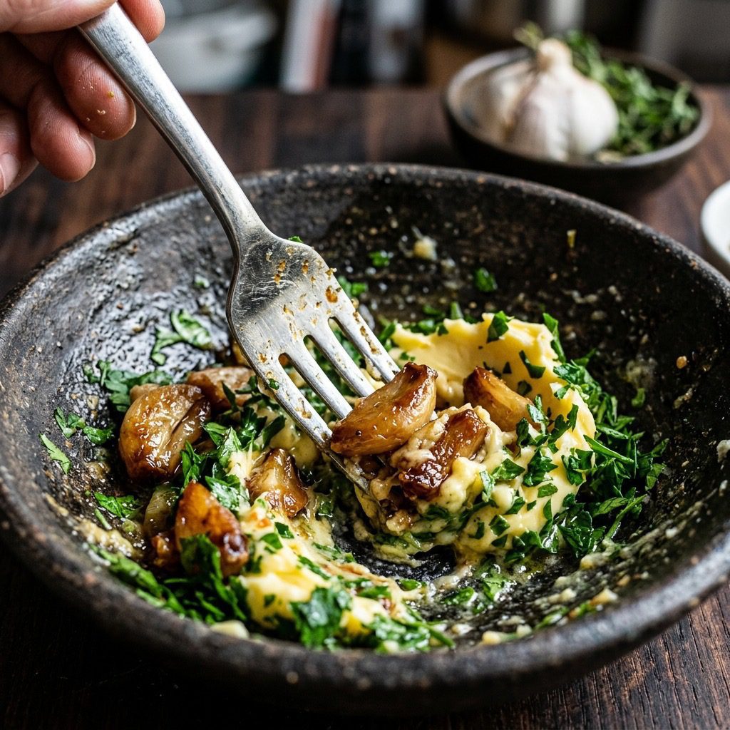 Extreme close-up action shot smashing roasted garlic cloves into soft butter and parsley with a silver fork