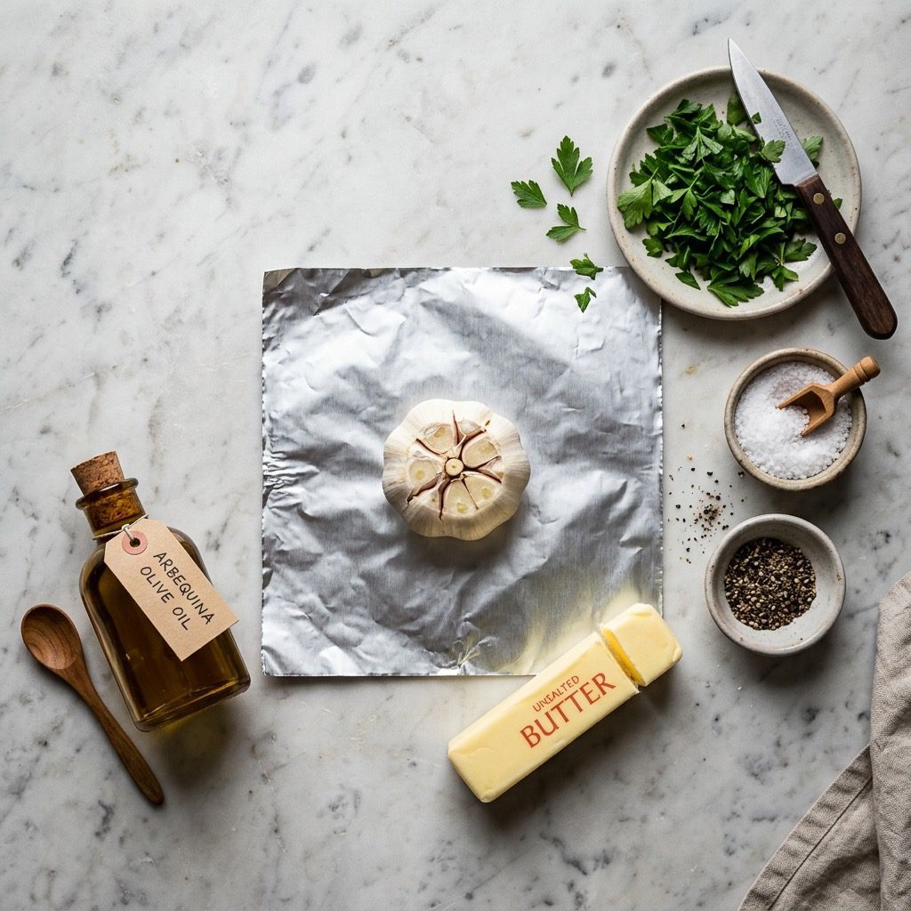 Overhead prep shot of a cut head of garlic, olive oil, foil, butter, salt, pepper, and fresh parsley