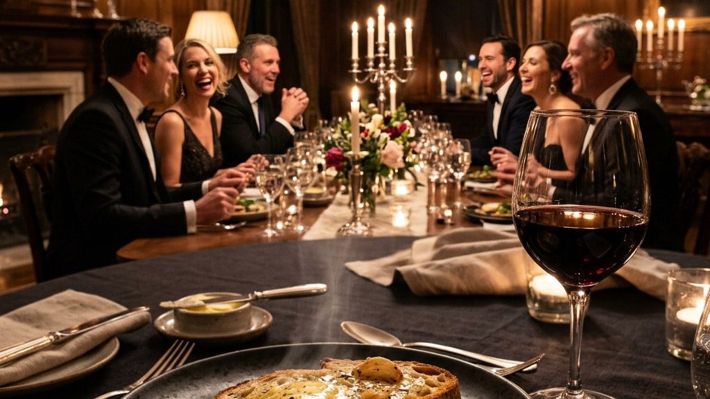 An elegant, formal dinner table setting with a dark ceramic plate holding warm artisan bread smeared with Roasted Garlic Compound Butter, with a dinner party in the background