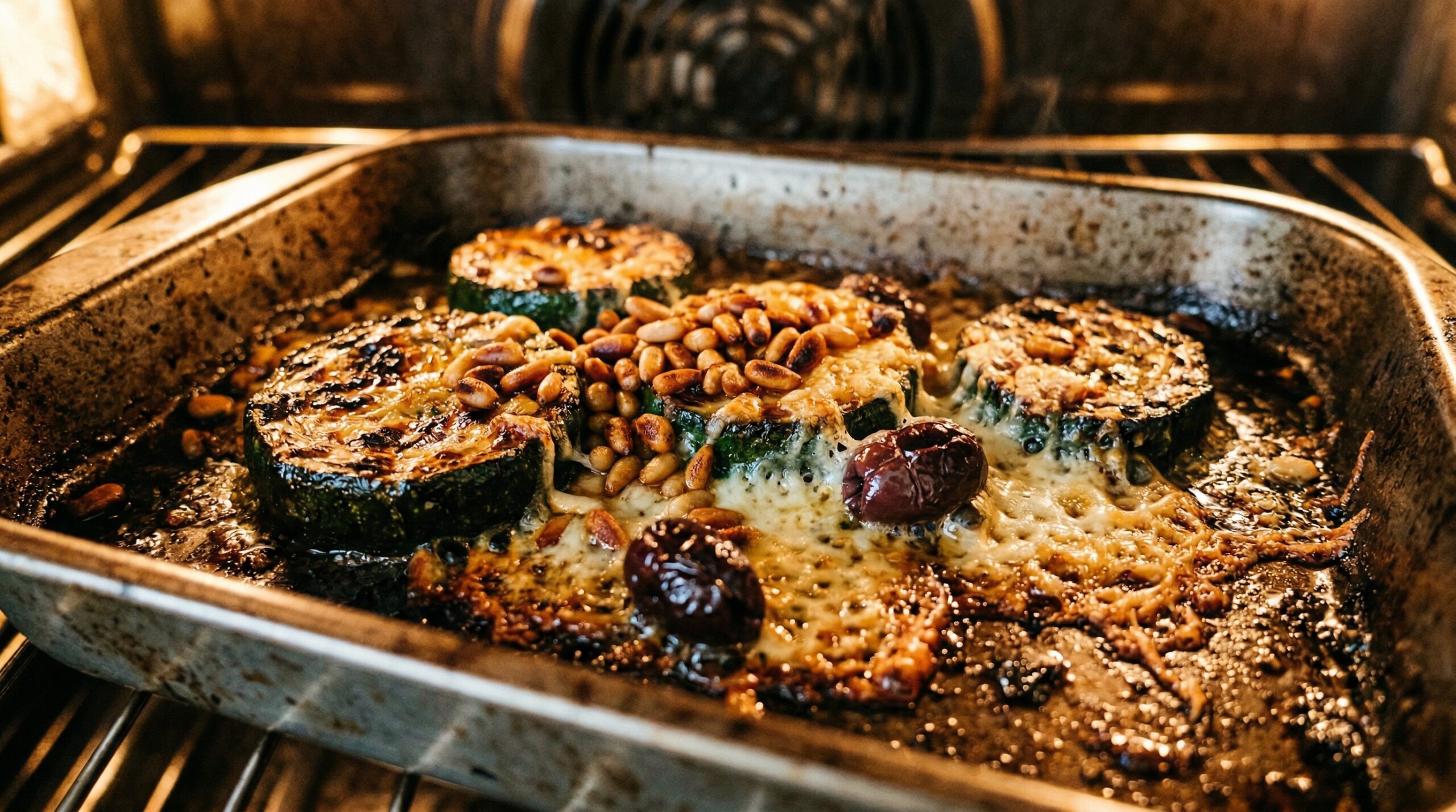 Macro detail of thick rounds of zucchini actively roasting, with deeply toasted pine nuts and melted Parmesan cheese bubbling around dark Kalamata olives