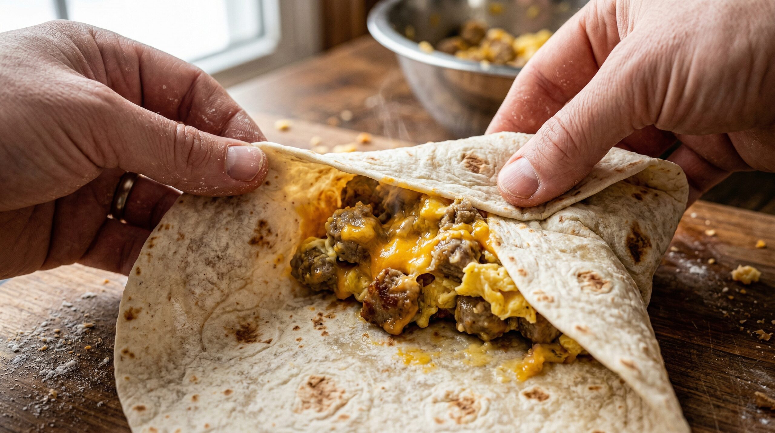 Macro detail of two hands actively folding and rolling a large flour tortilla tightly over a dense mound of hot sausage, melted cheese, and soft eggs