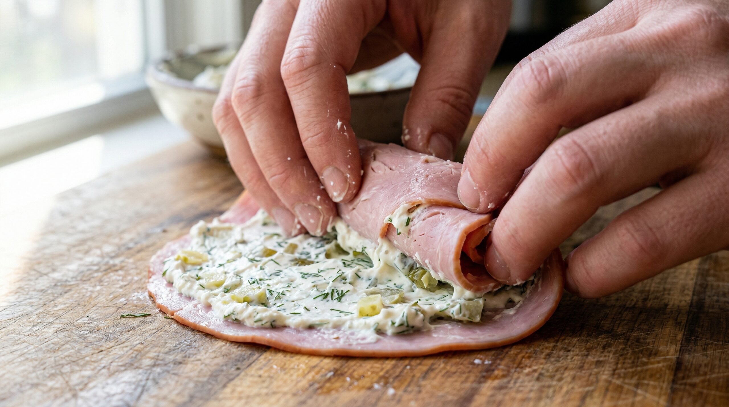 Macro detail of two hands actively rolling a slice of deli ham slathered with cream cheese and chopped dill pickles into a tight cylinder